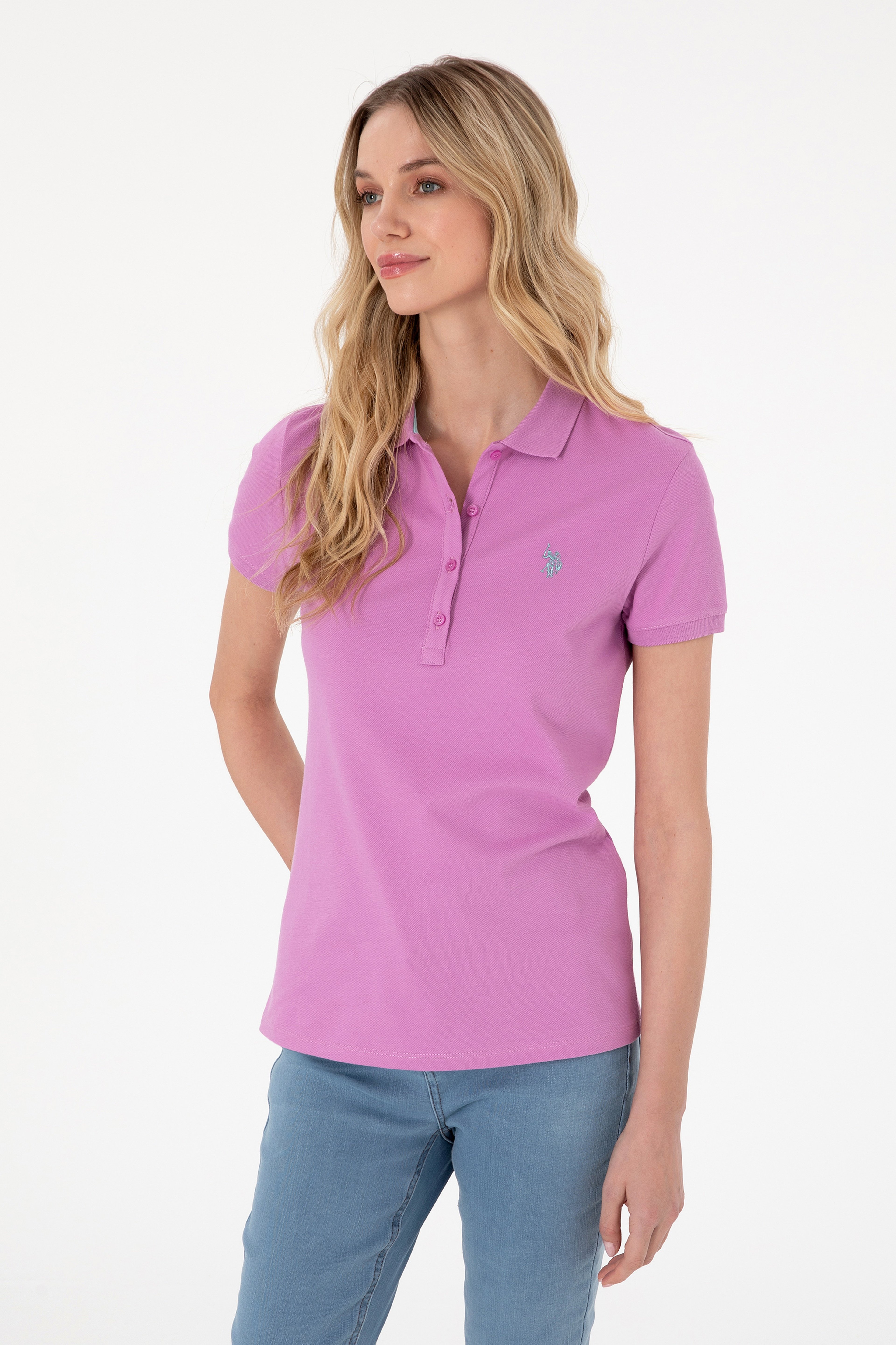 Kadın Fuşya Basic Polo Yaka Tişört