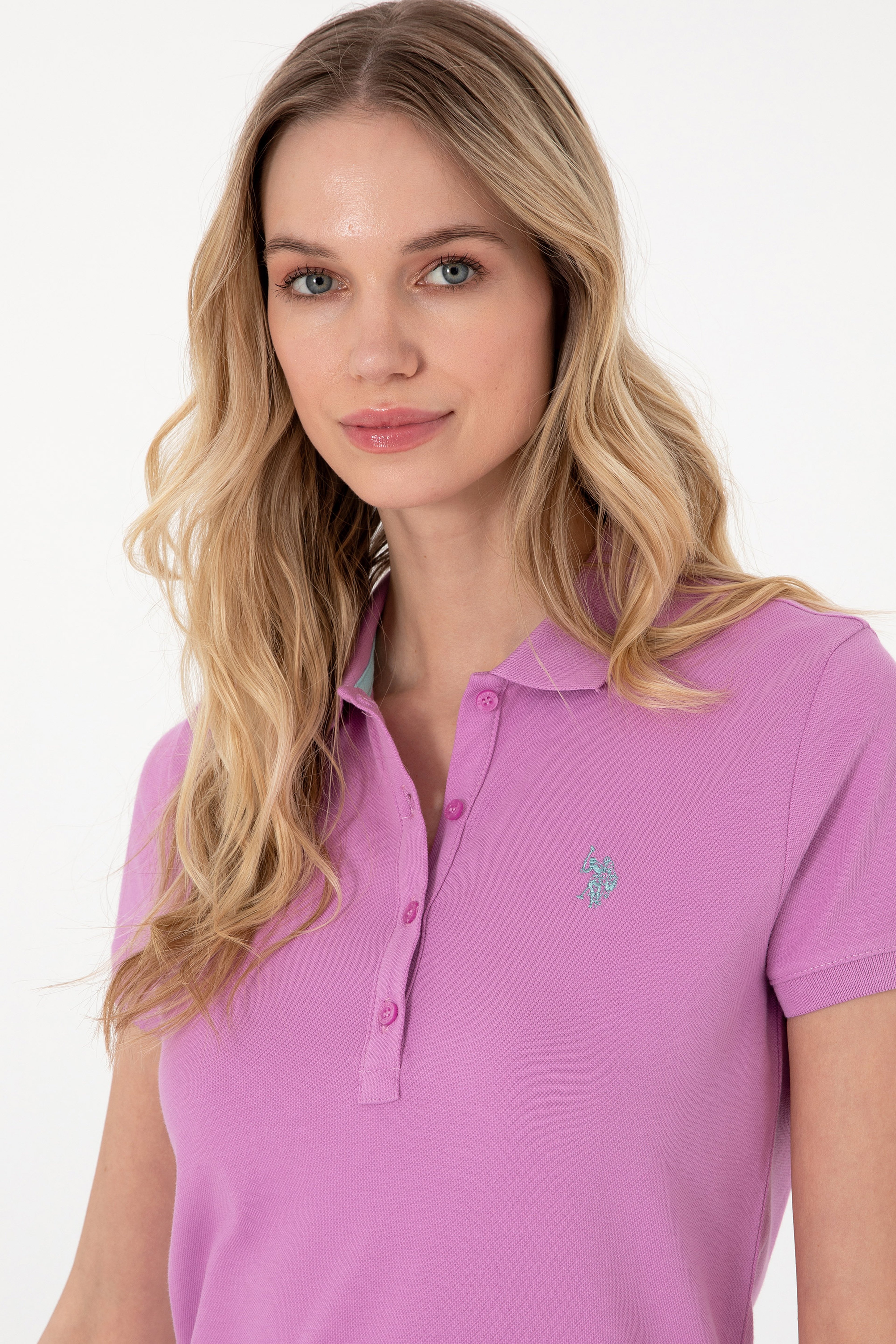 Kadın Fuşya Basic Polo Yaka Tişört - Image 2