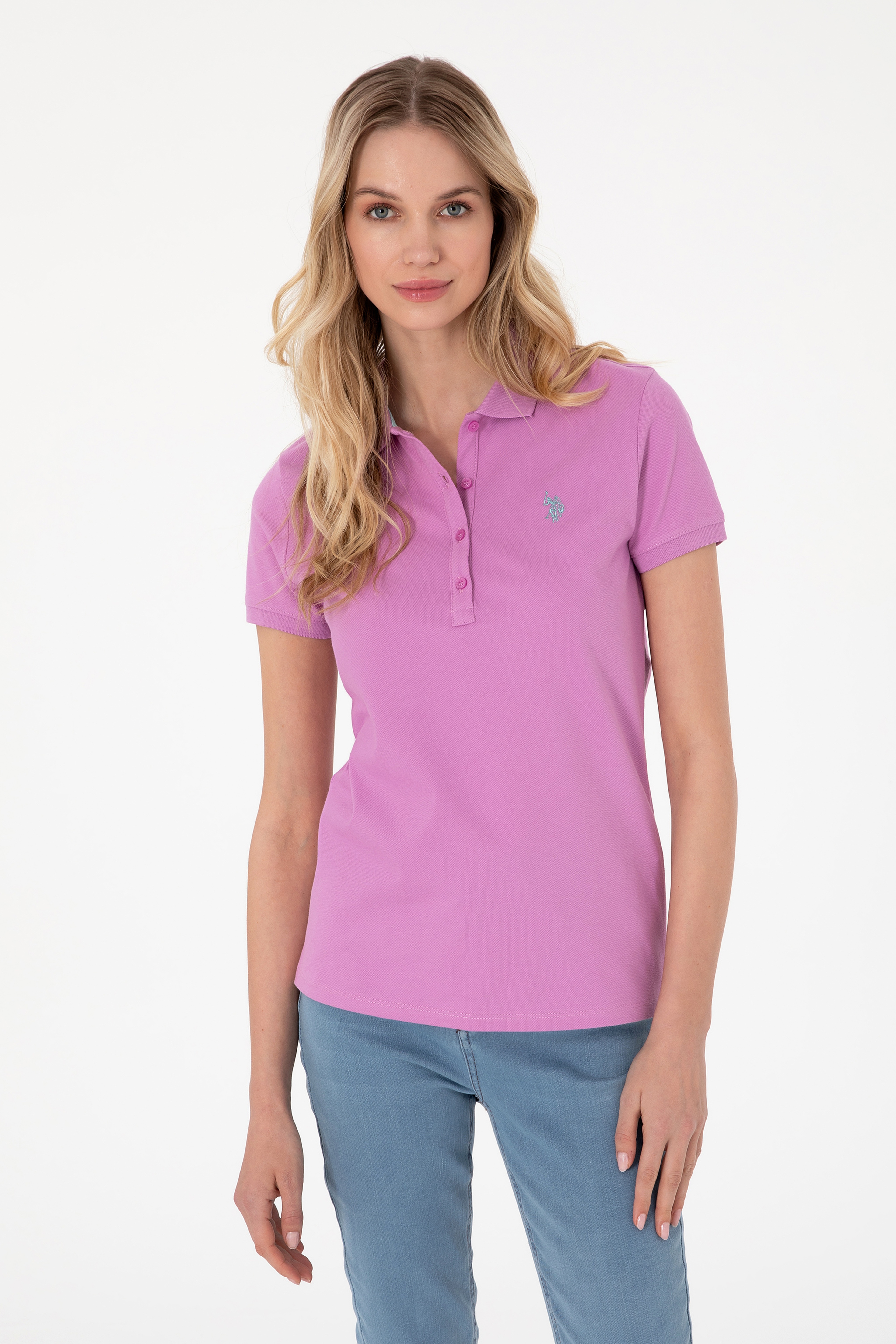Kadın Fuşya Basic Polo Yaka Tişört - Image 1