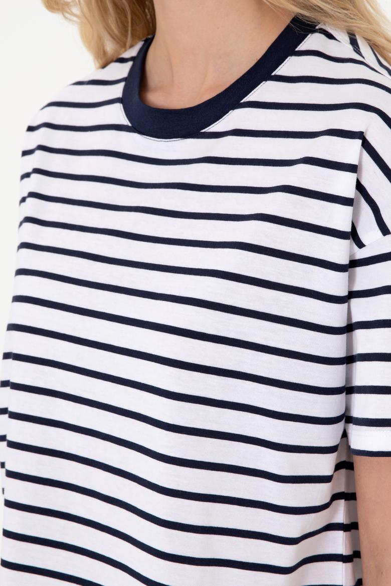 Kadın Lacivert Çizgili Bisiklet Yaka Tişört - 50305911030