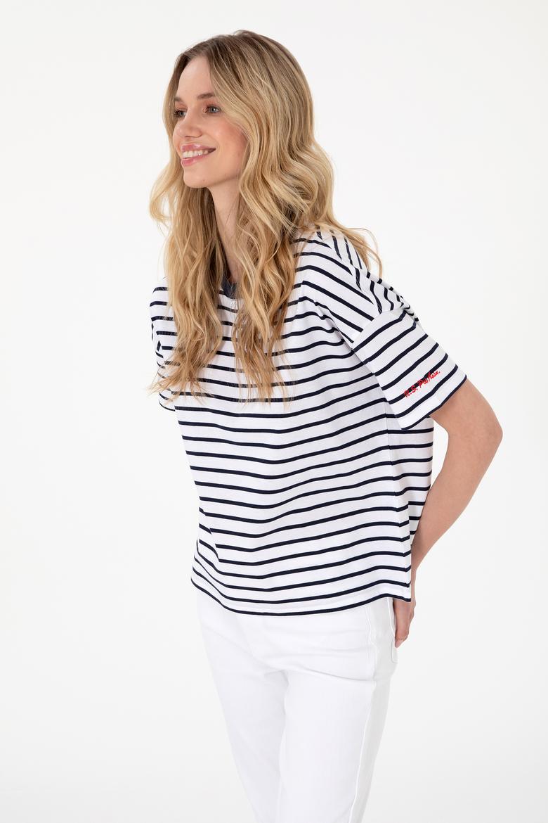 Kadın Lacivert Çizgili Bisiklet Yaka Tişört - 50305911030