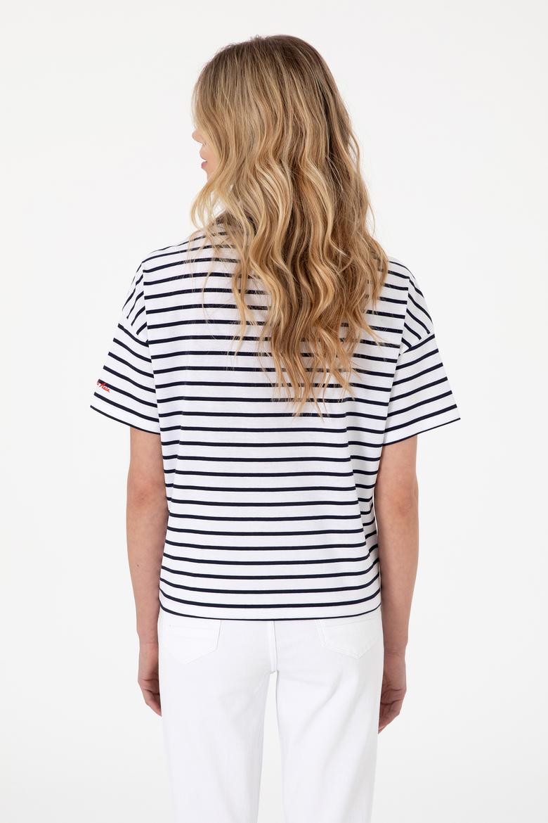 Kadın Lacivert Çizgili Bisiklet Yaka Tişört - 50305911030