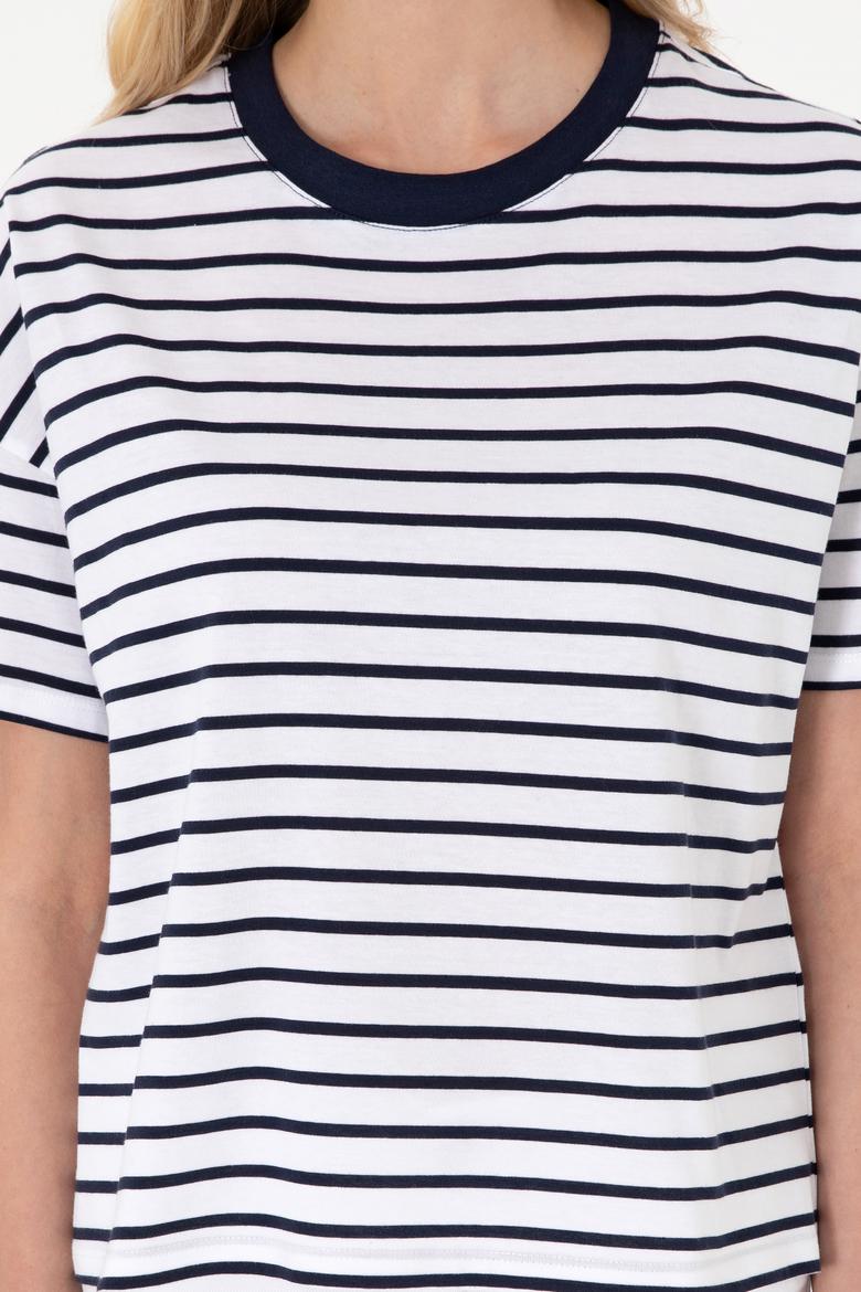 Kadın Lacivert Çizgili Bisiklet Yaka Tişört - 50305911030