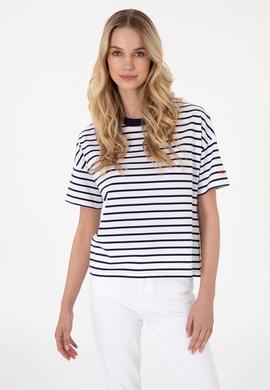 Kadın Lacivert Çizgili Bisiklet Yaka Tişört - 50305911030