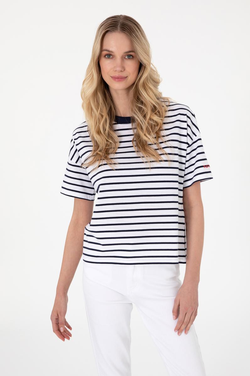 Kadın Lacivert Çizgili Bisiklet Yaka Tişört
