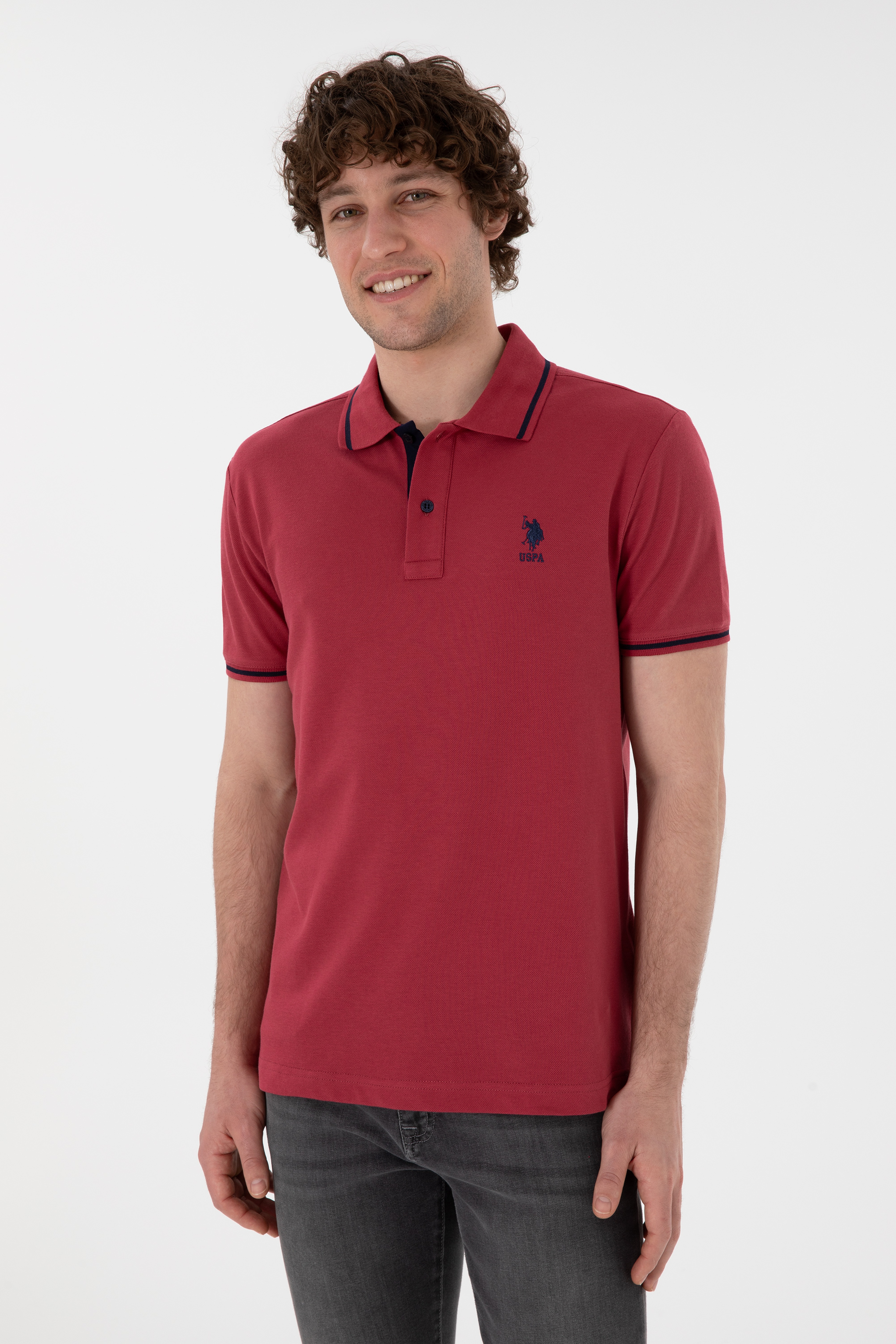 Erkek Slim Fit Polo Yaka Vişne Basic Tişört