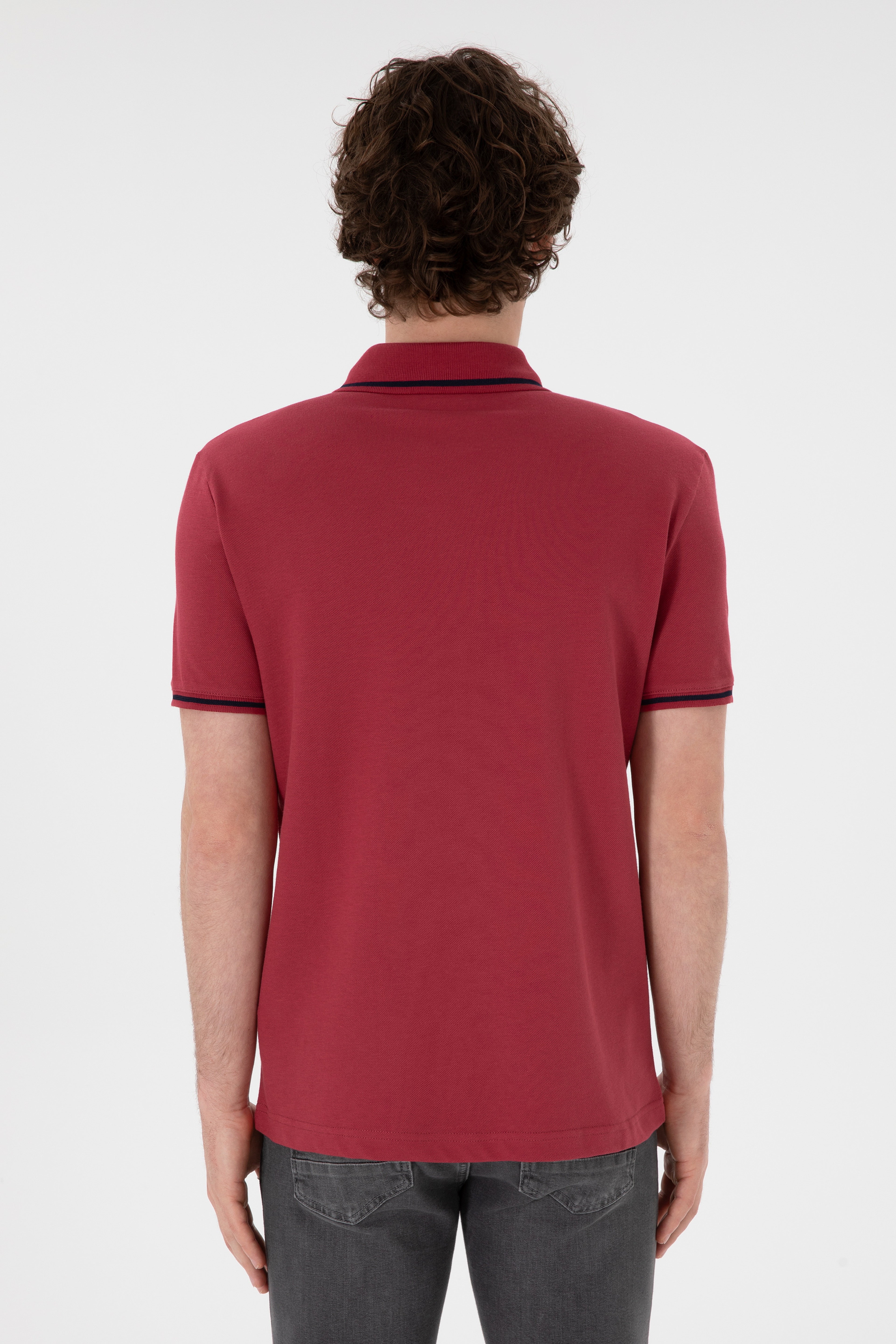 Erkek Slim Fit Polo Yaka Vişne Basic Tişört - Image 6