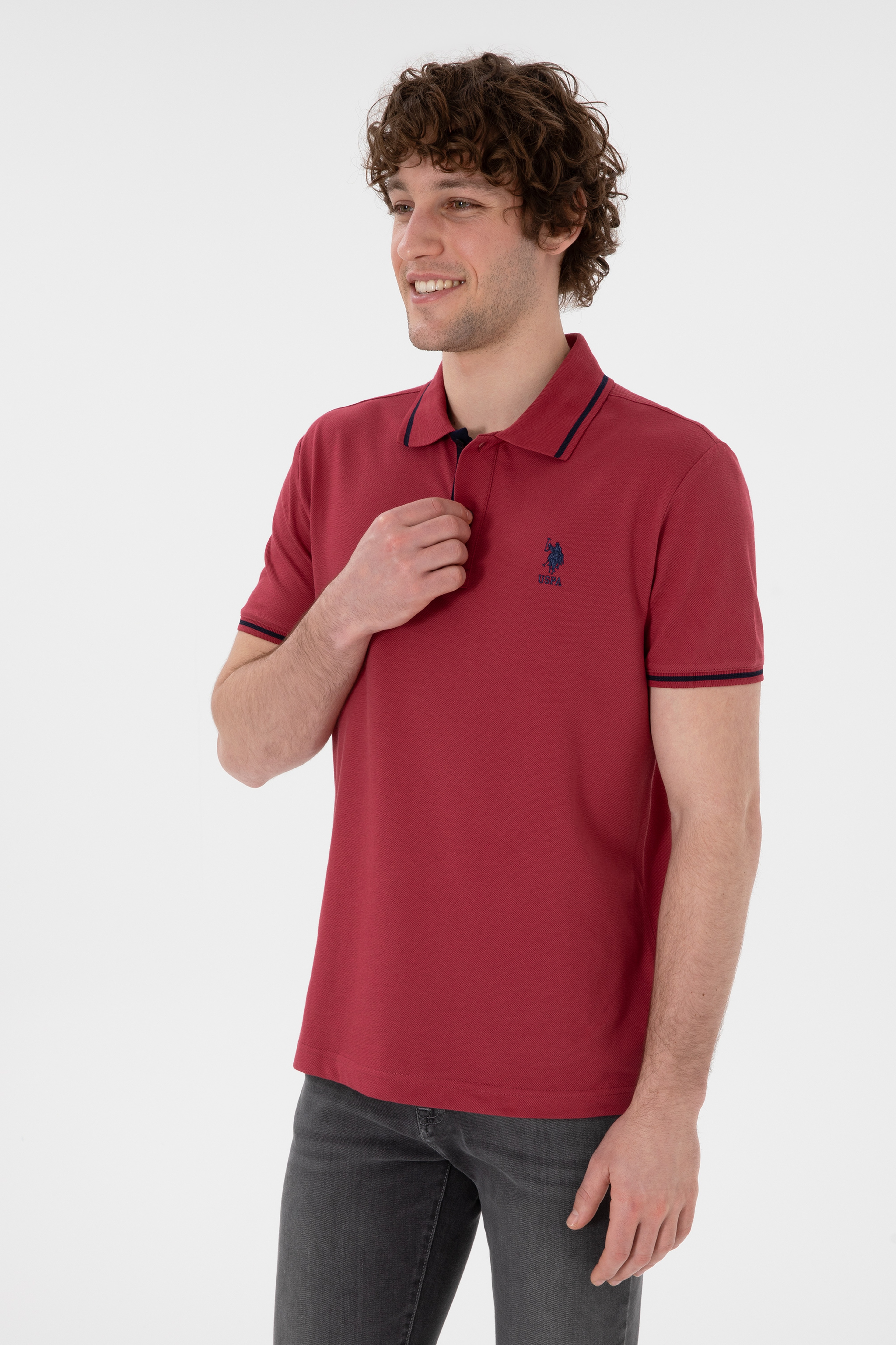 Erkek Slim Fit Polo Yaka Vişne Basic Tişört - Image 2