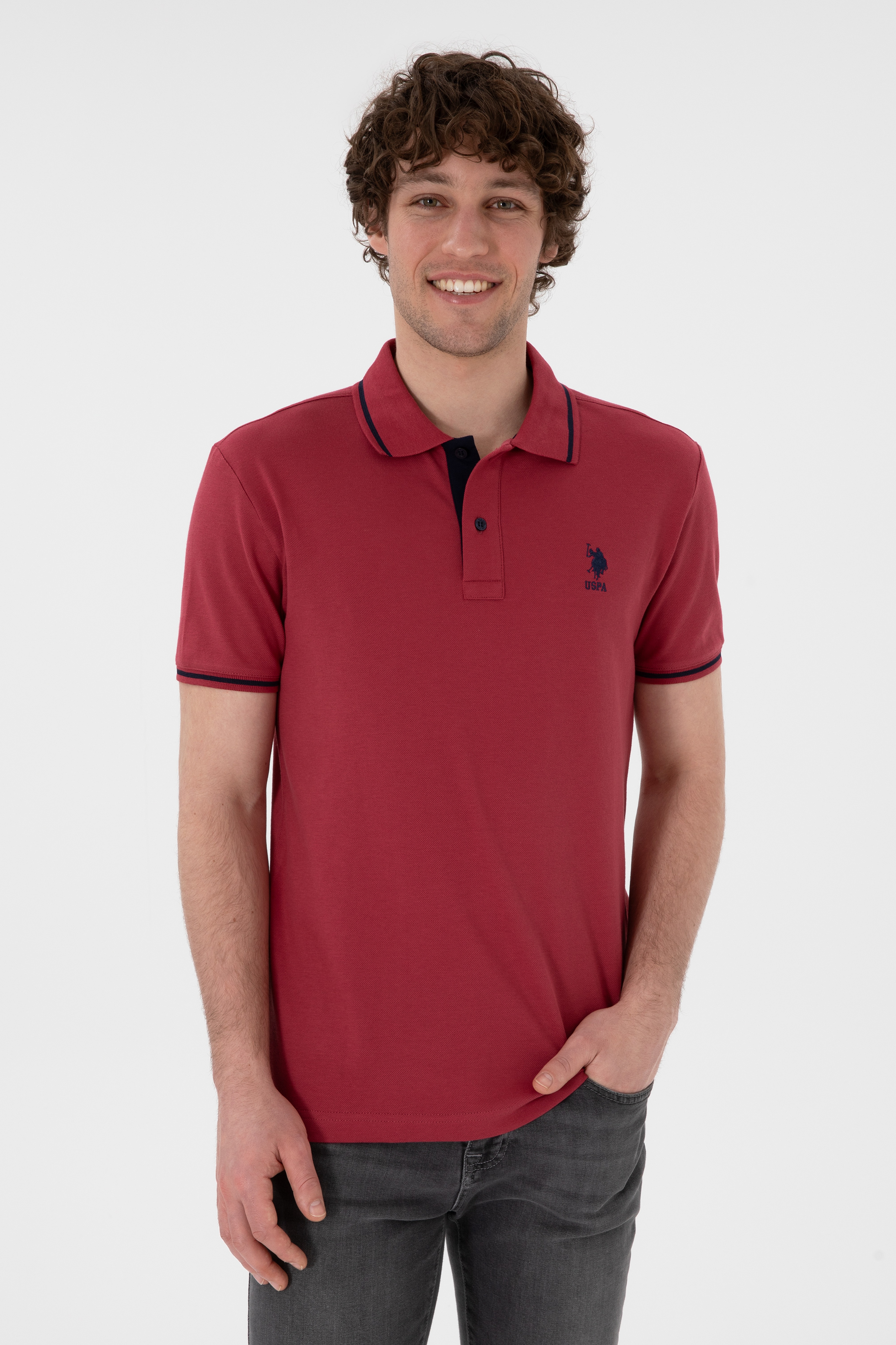 Erkek Slim Fit Polo Yaka Vişne Basic Tişört - Image 1