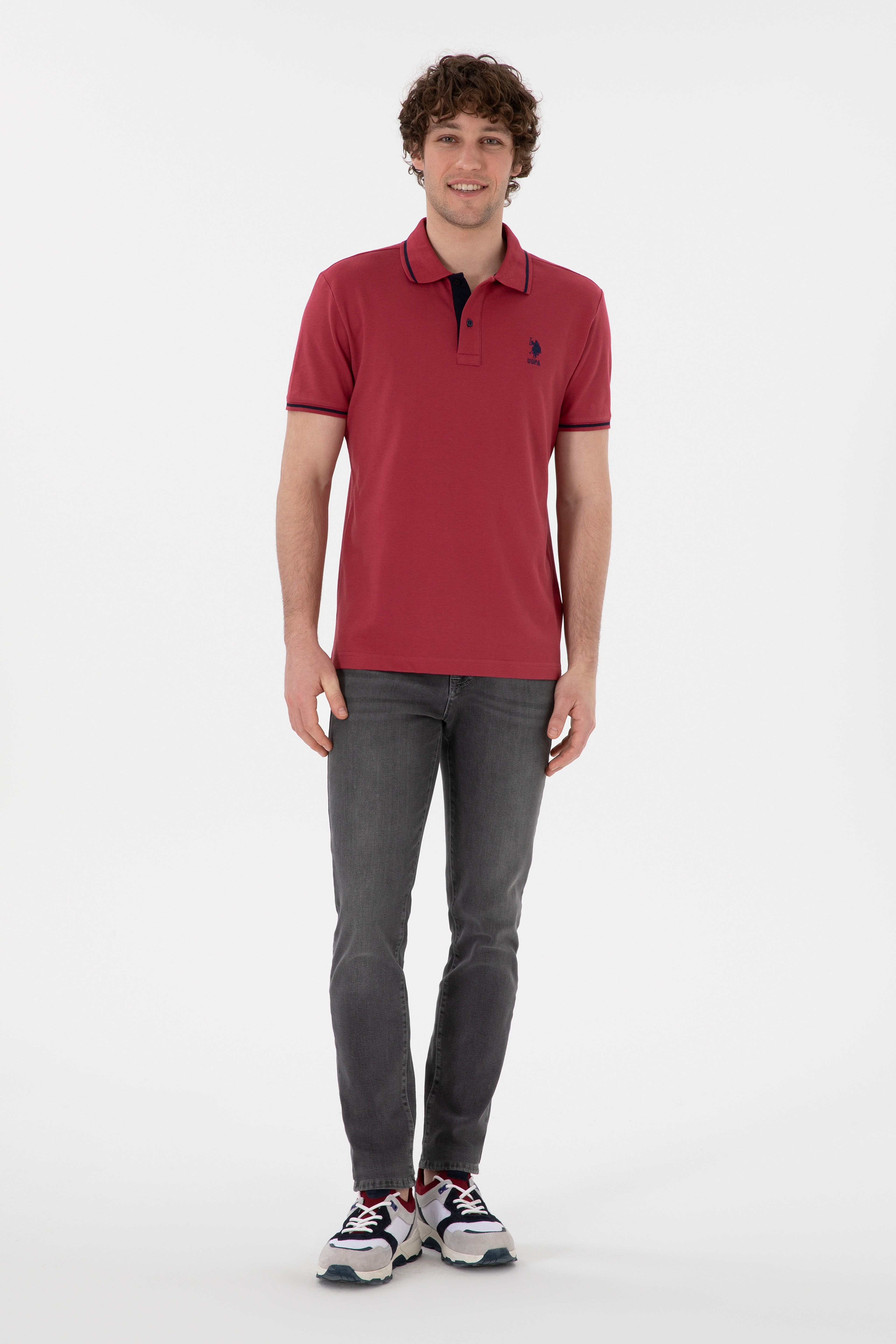 Erkek Slim Fit Polo Yaka Vişne Basic Tişört