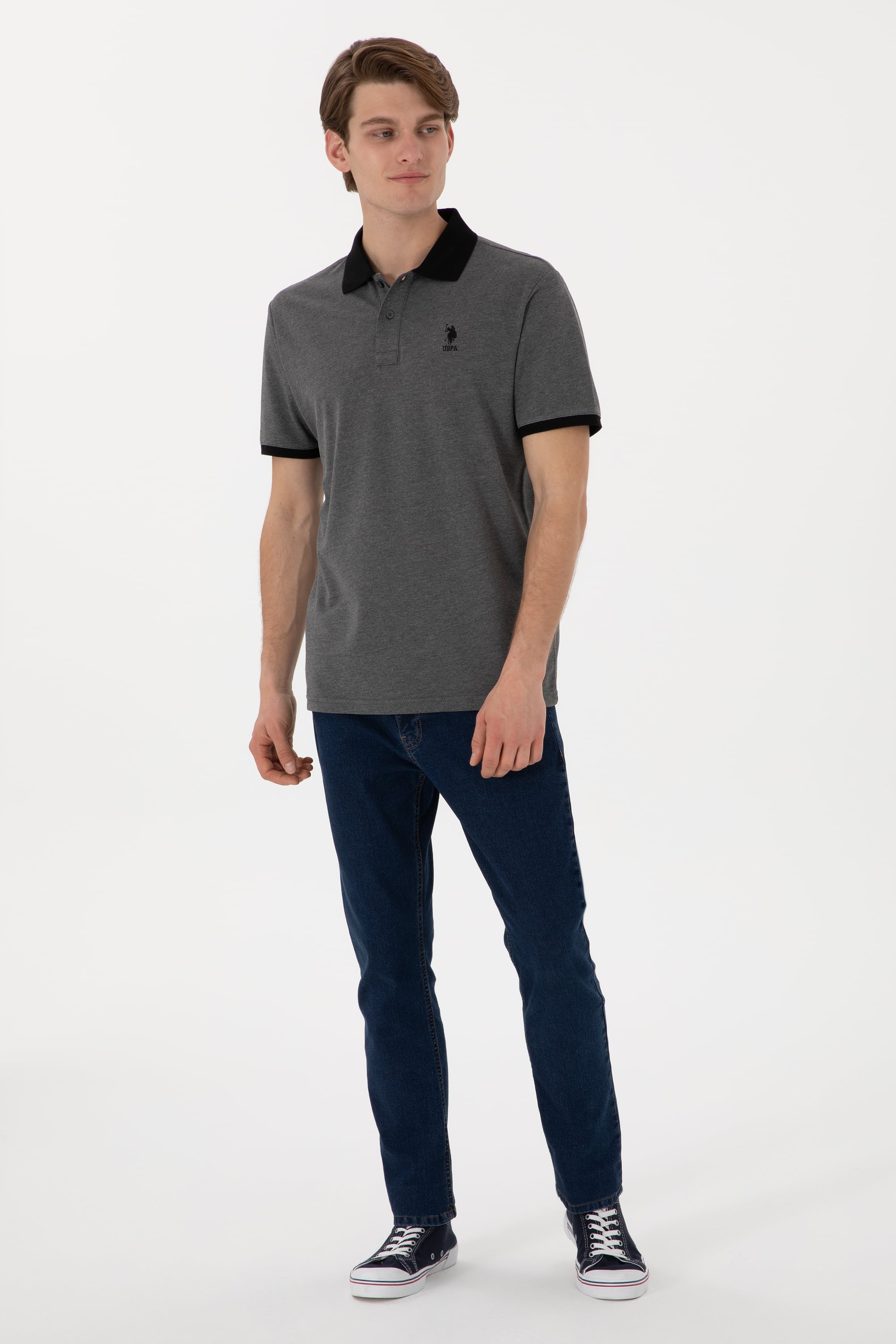 Erkek Regular Fit Polo Yaka Antrasit Melanj Basic Tişört - Image 5