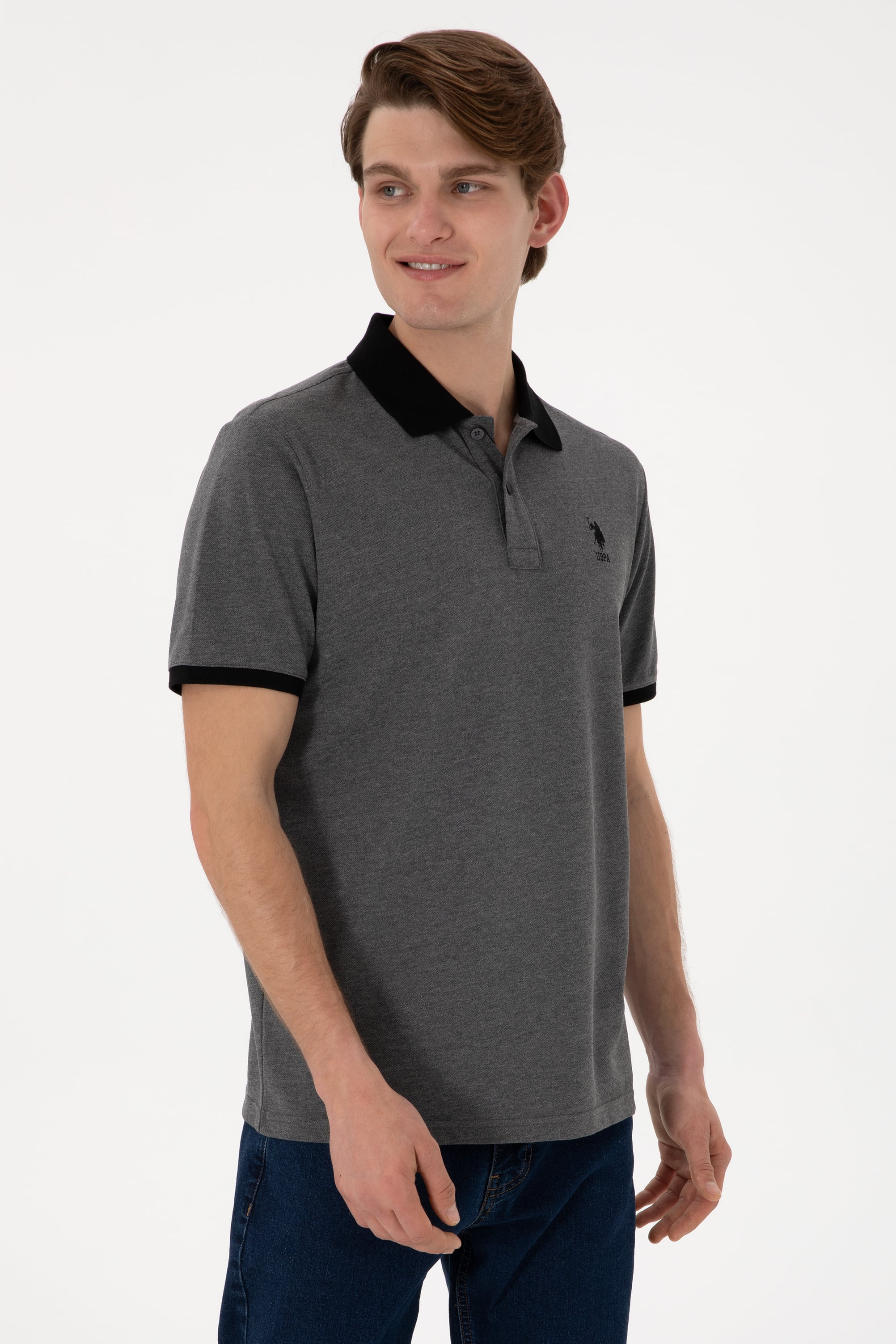 Erkek Regular Fit Polo Yaka Antrasit Melanj Basic Tişört