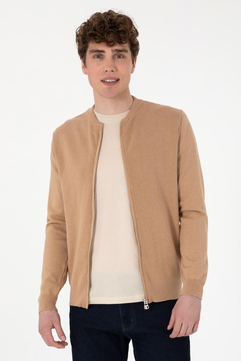 Erkek Camel Melanj Basic Triko Hırka