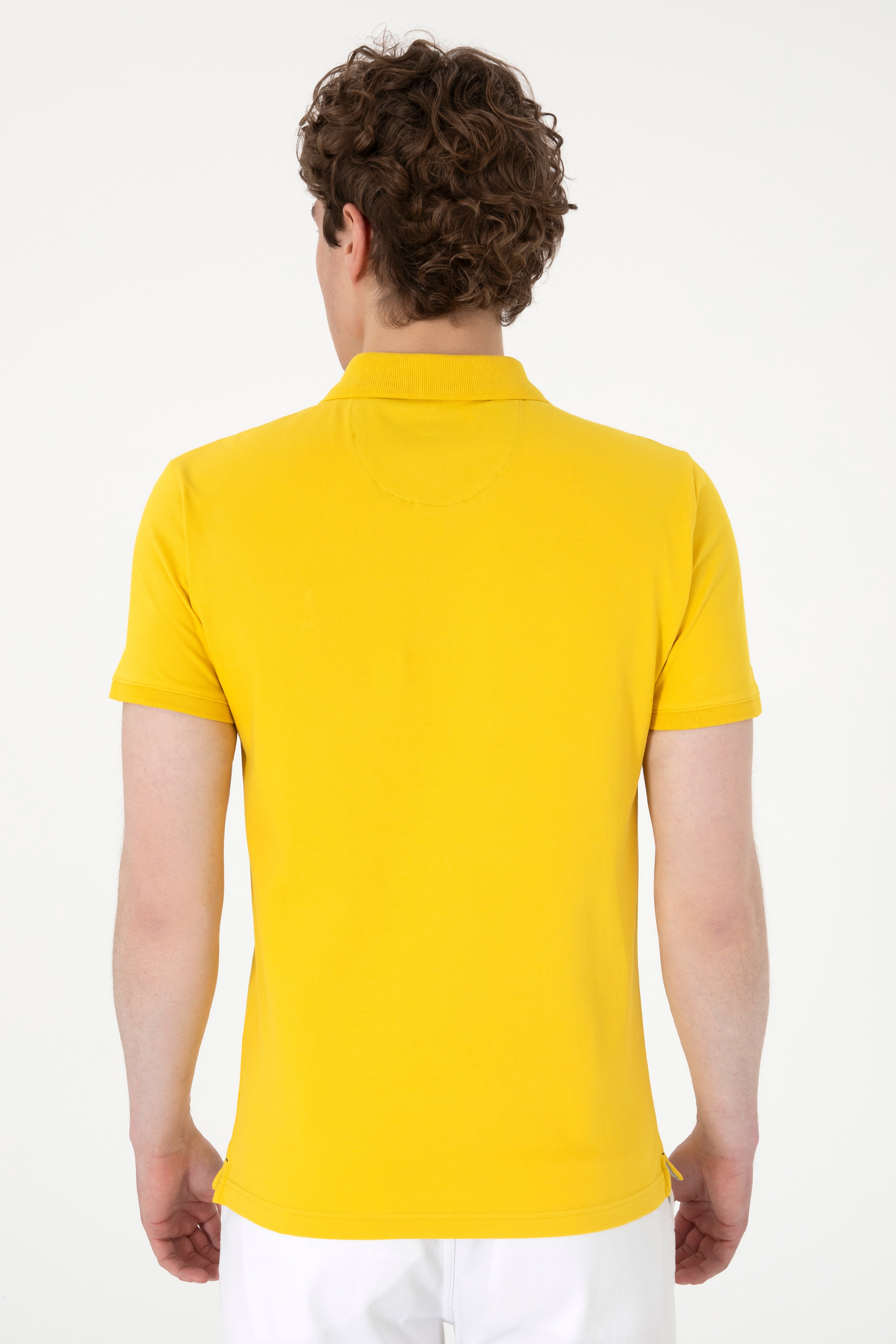 Erkek Slim Fit Polo Yaka Sarı Basic Tişört