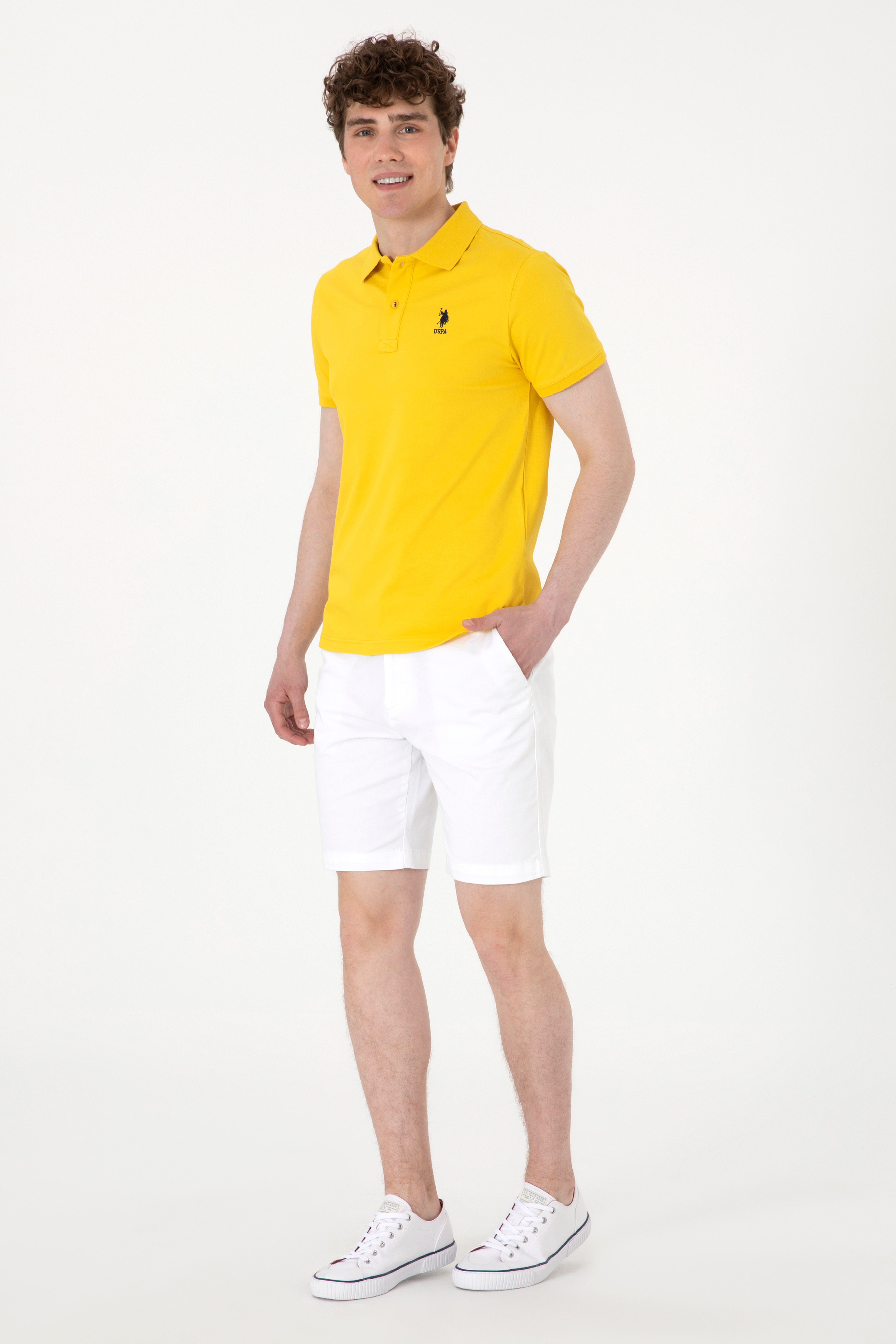 Erkek Slim Fit Polo Yaka Sarı Basic Tişört