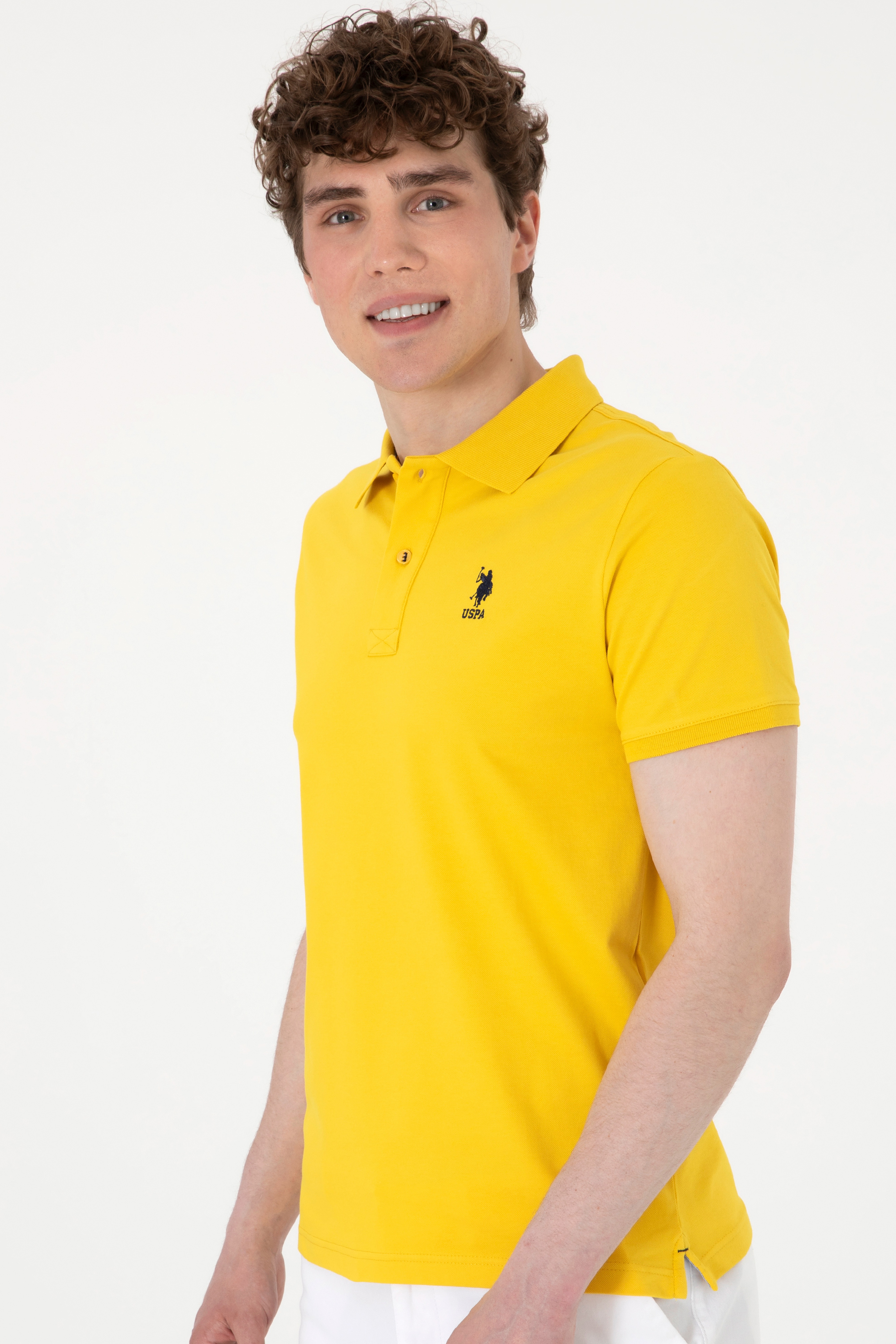 Erkek Slim Fit Polo Yaka Sarı Basic Tişört - Image 3