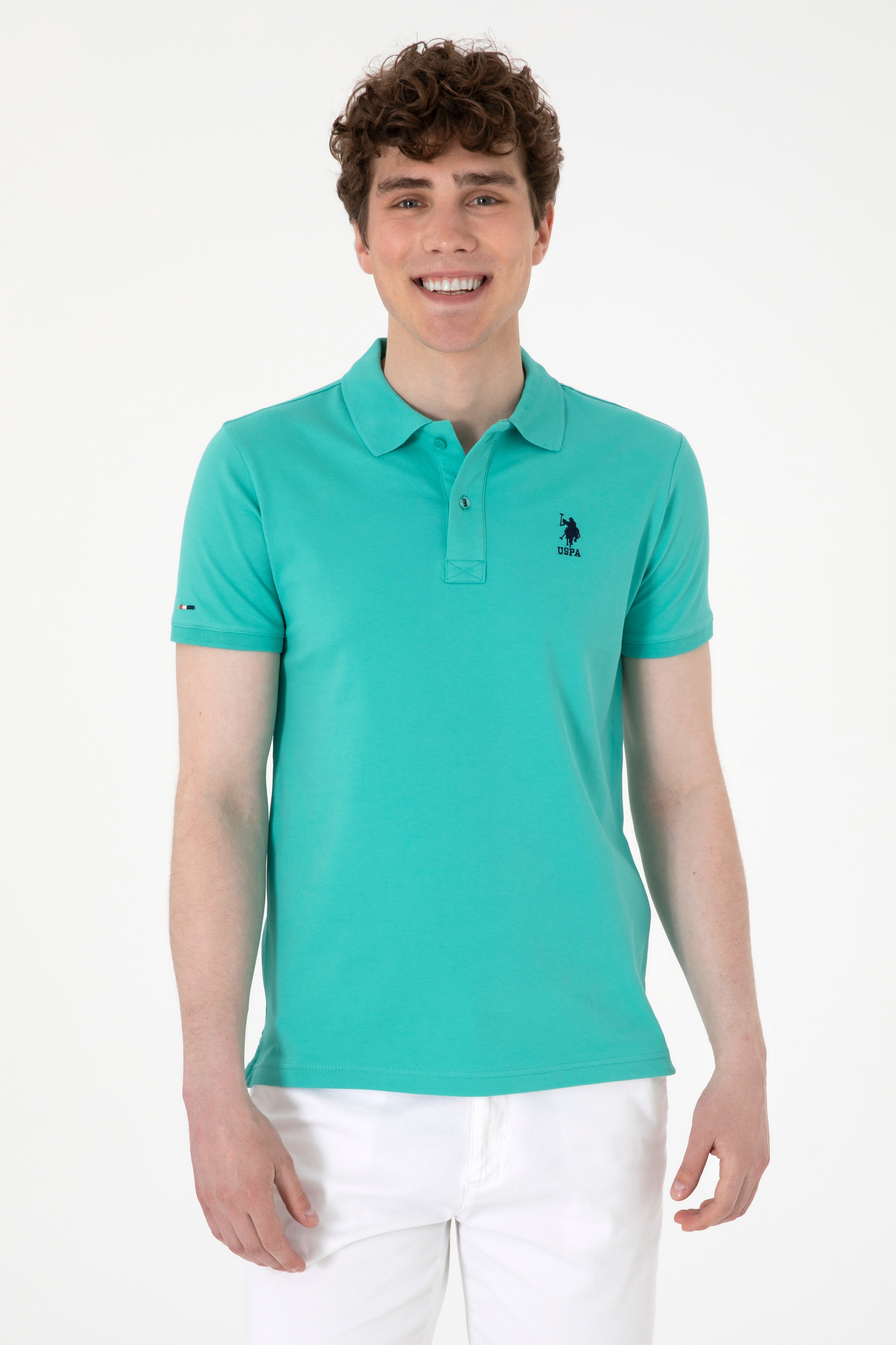 Erkek Slim Fit Polo Yaka Mint Basic Tişört - Image 1