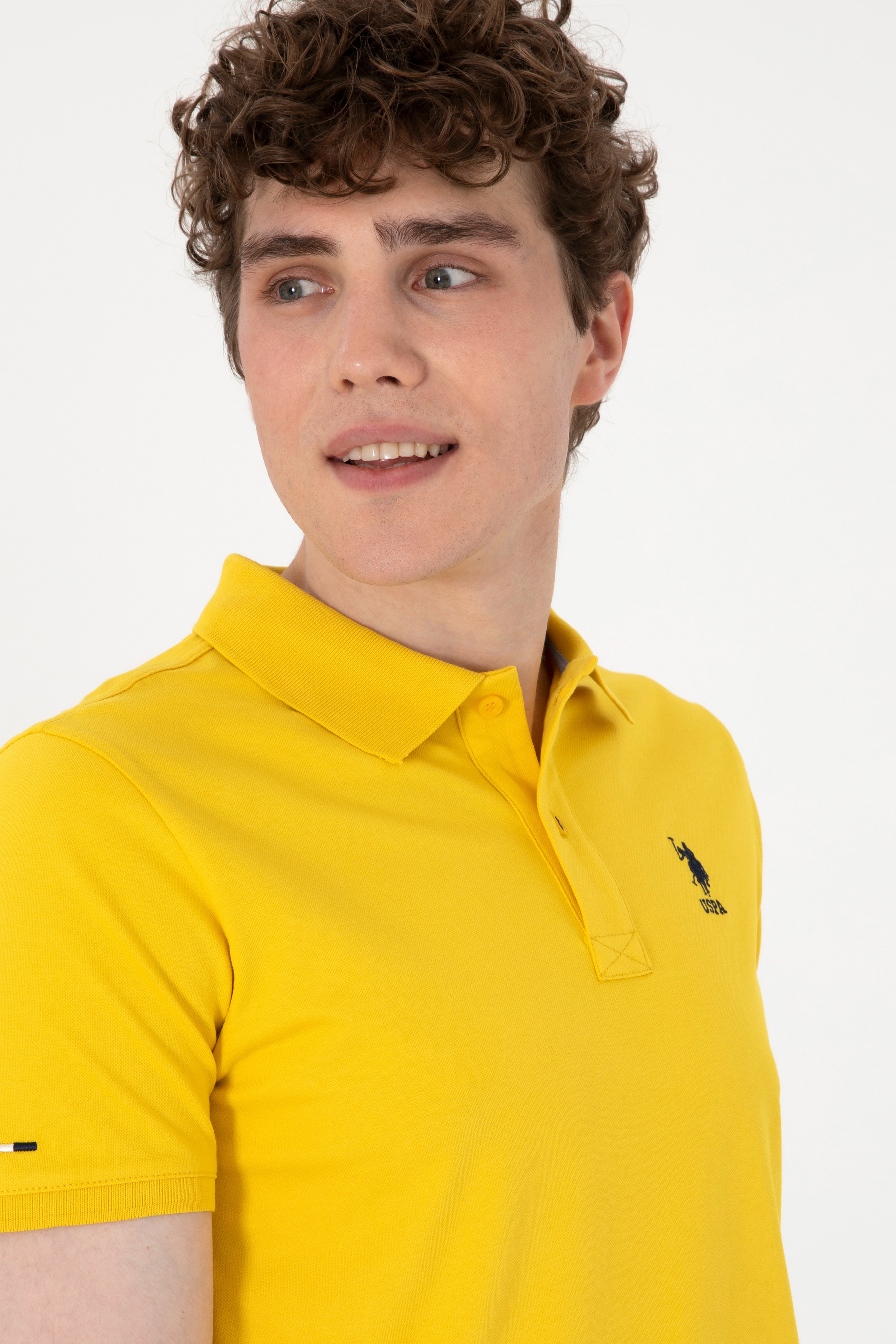 Erkek Slim Fit Polo Yaka Sarı Basic Tişört