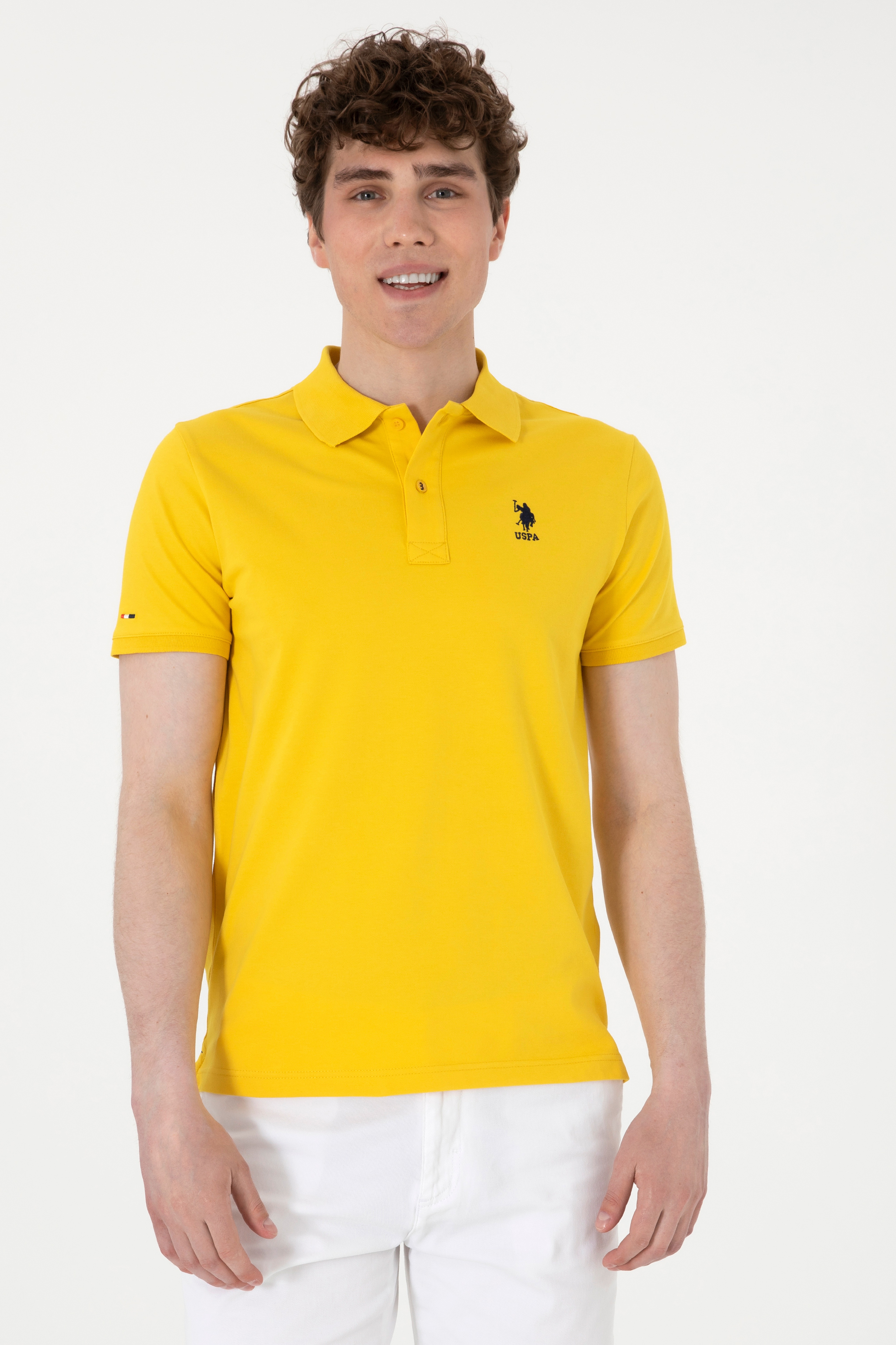 Erkek Slim Fit Polo Yaka Sarı Basic Tişört - Image 1