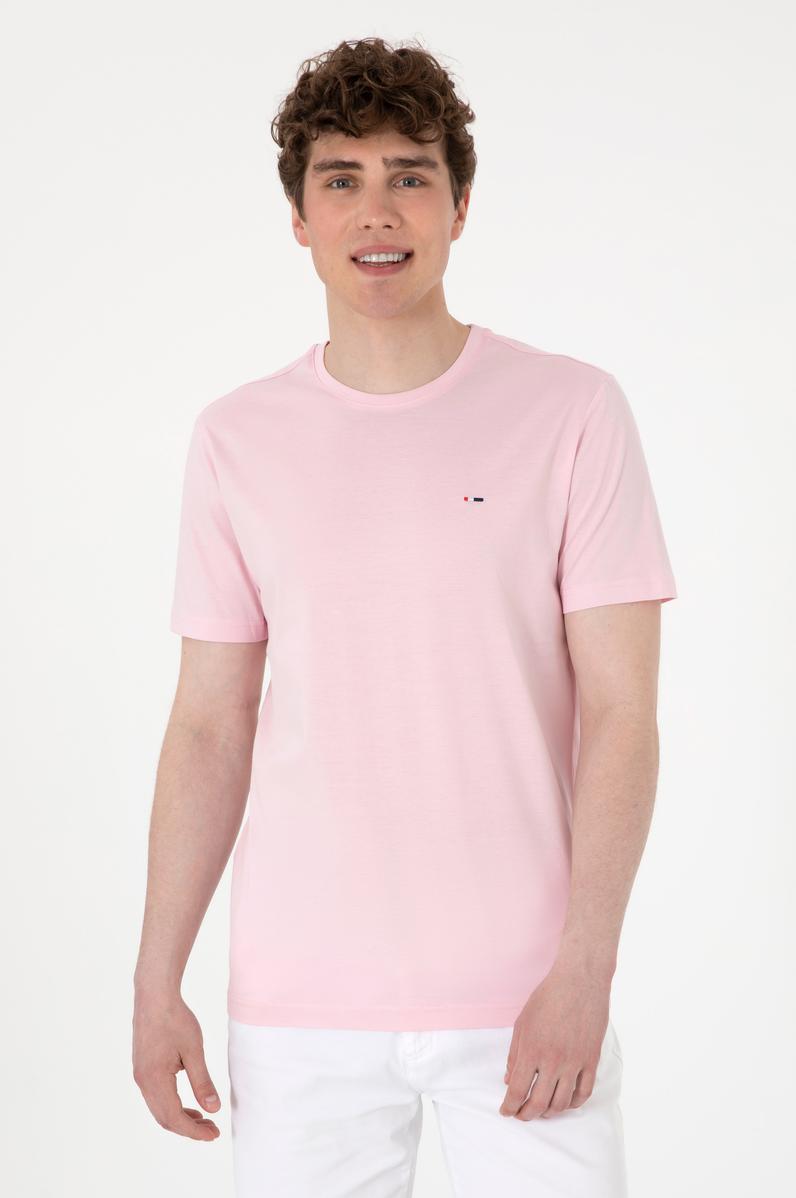 Erkek Regular Fit Bisiklet Yaka Açık Pembe Basic Tişört
