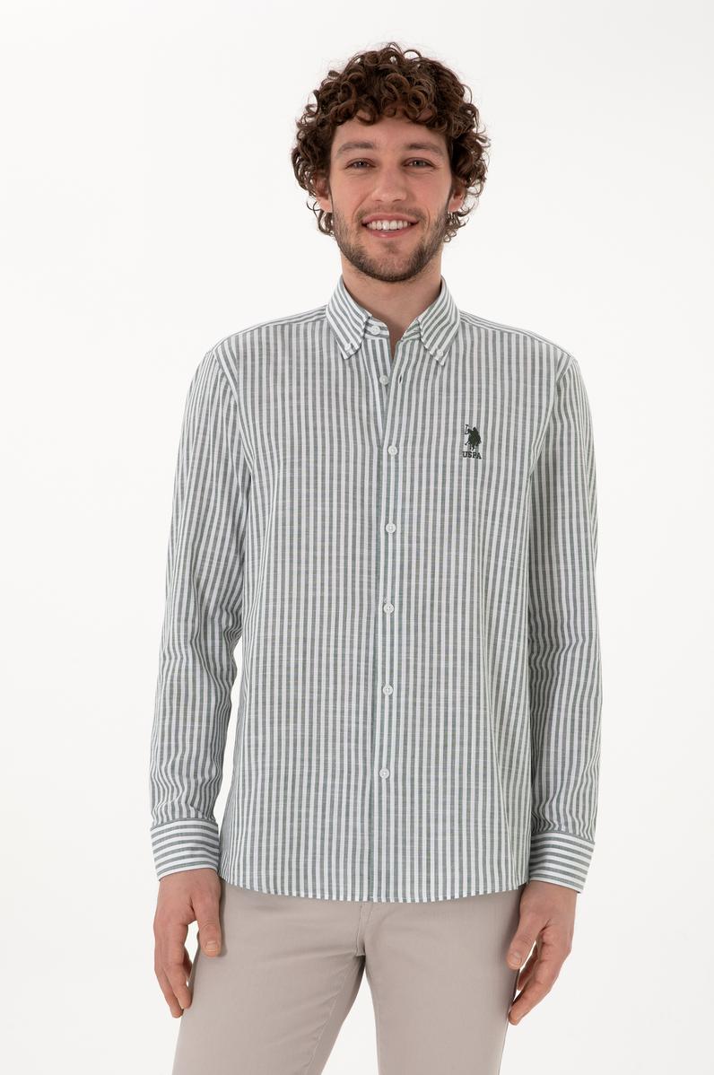 Erkek Çizgili Haki Gömlek