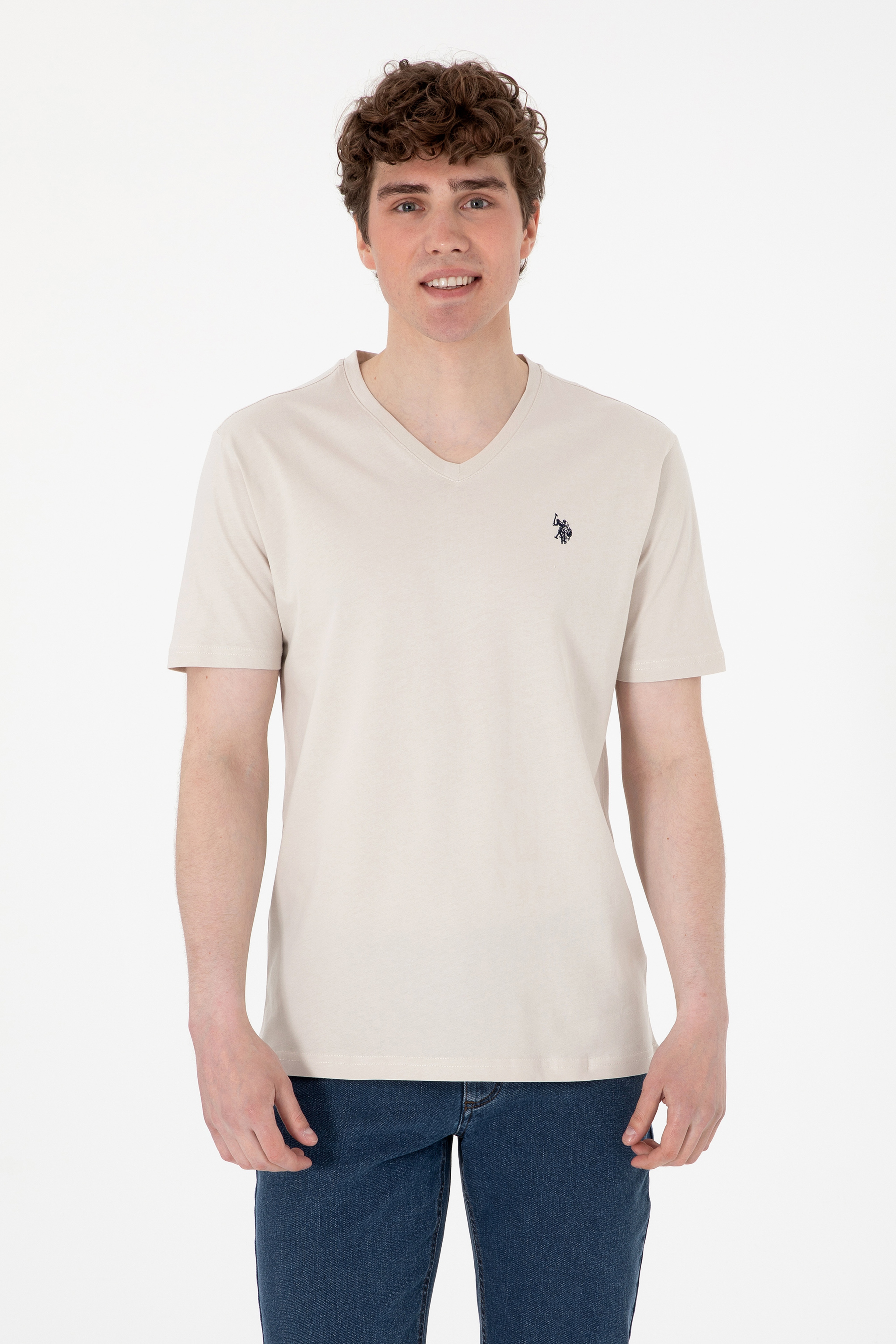 Erkek Regular Fit V Yaka Taş Basic Tişört - Image 1