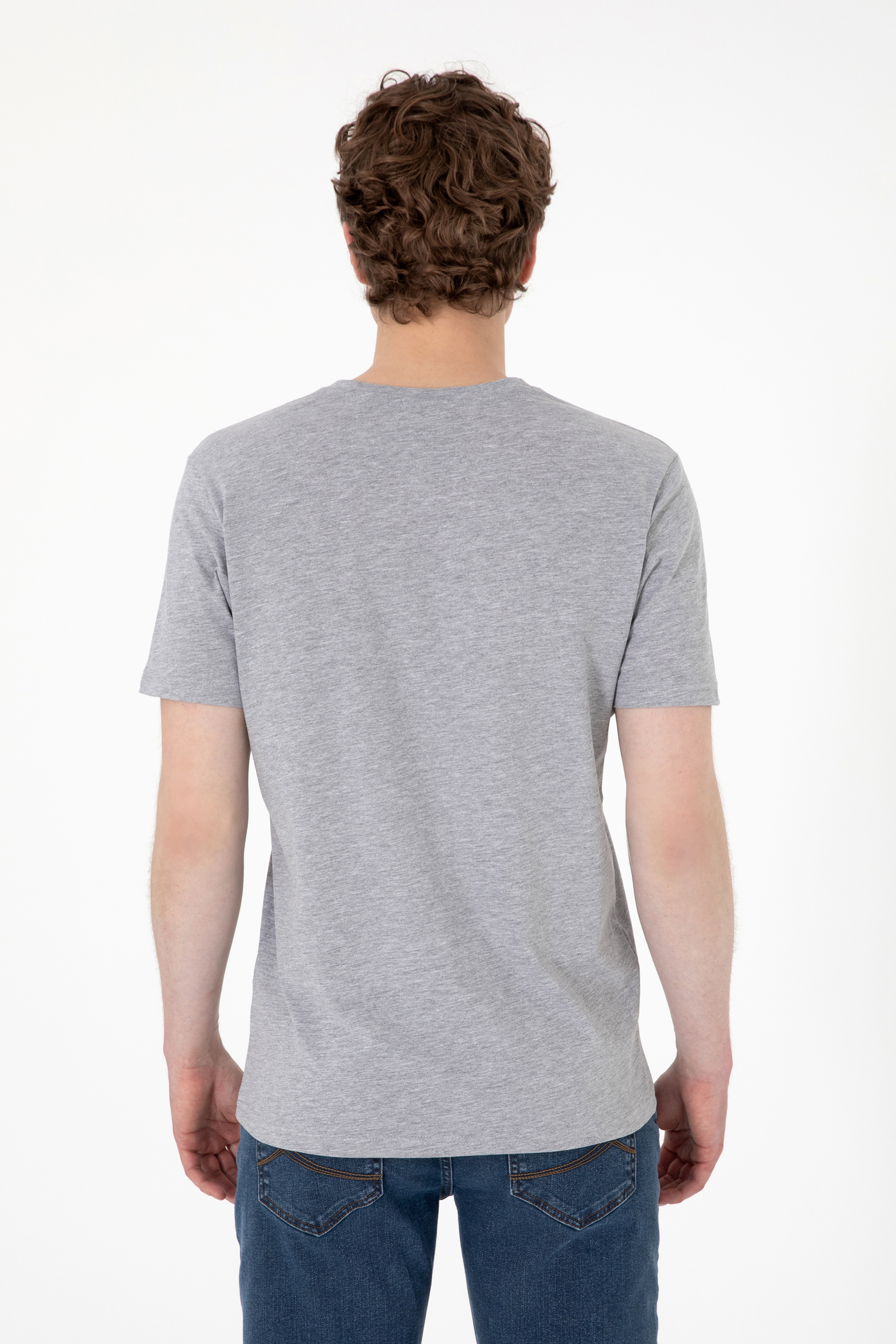 Erkek Regular Fit V Yaka Gri Melanj Basic Tişört