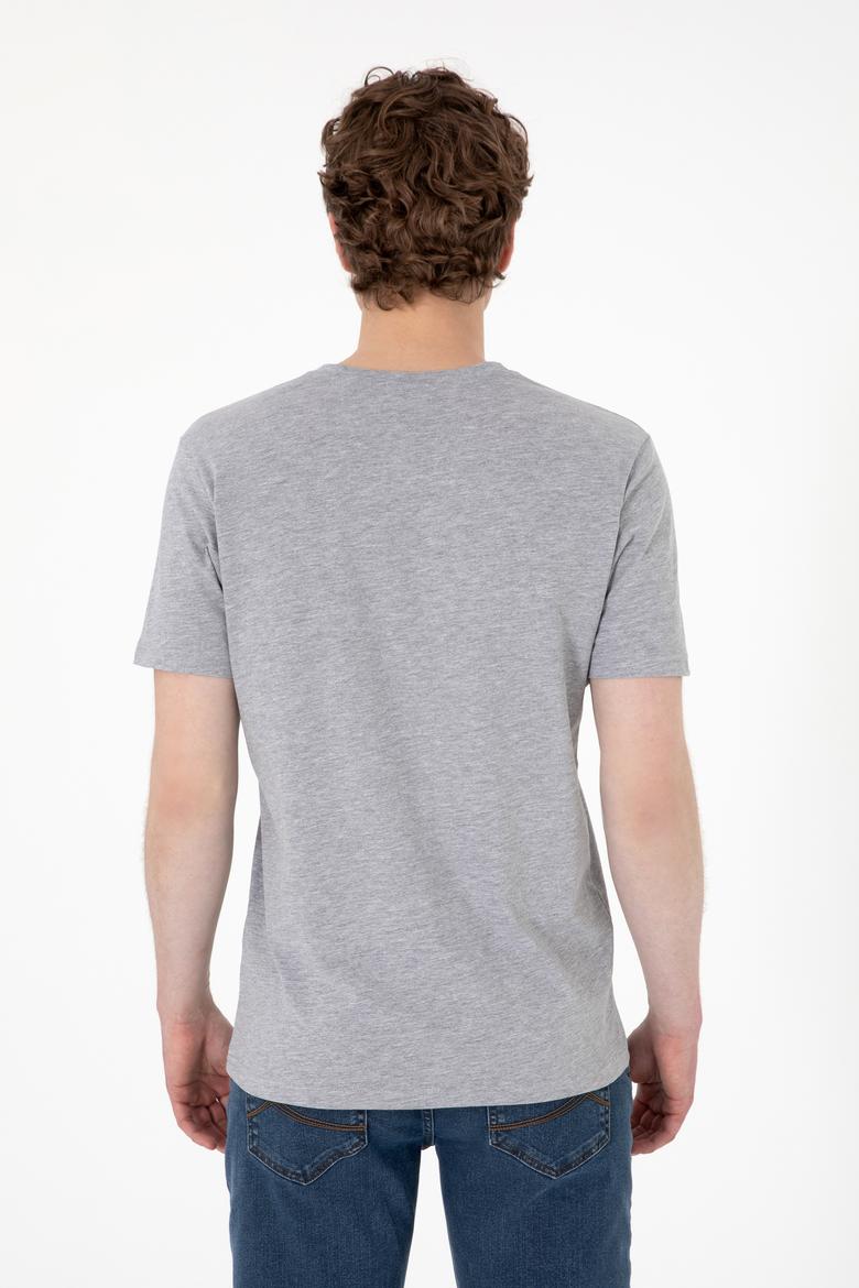 Erkek Regular Fit V Yaka Gri Melanj Basic Tişört - 50298043013