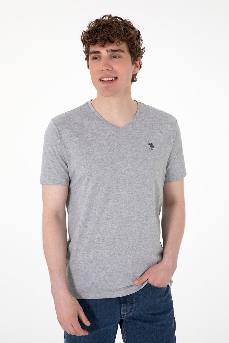 Erkek Regular Fit V Yaka Gri Melanj Basic Tişört - 50298043013