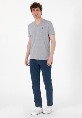 Erkek Regular Fit V Yaka Gri Melanj Basic Tişört - 50298043013