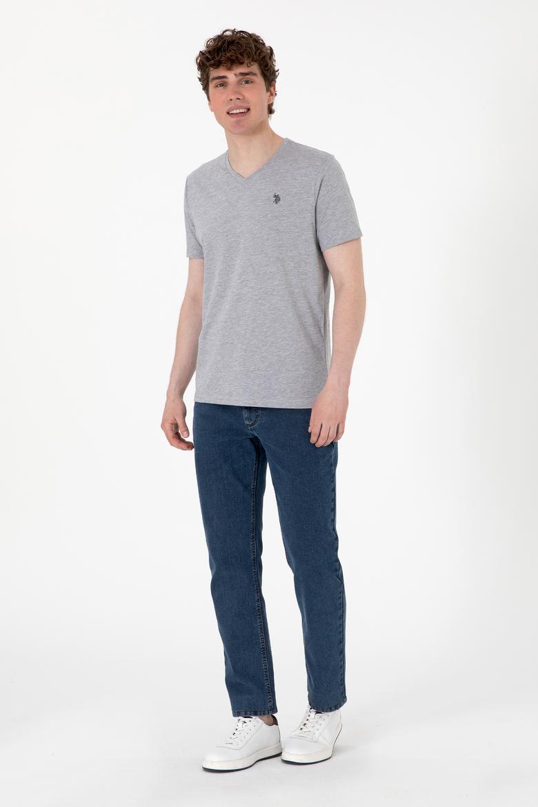 Erkek Regular Fit V Yaka Gri Melanj Basic Tişört - 50298043013
