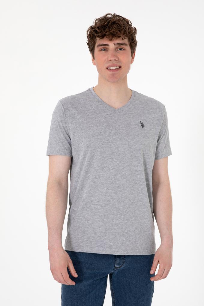 Erkek Regular Fit V Yaka Gri Melanj Basic Tişört