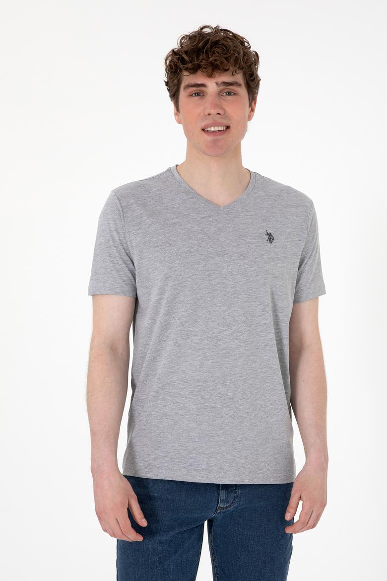 Erkek Regular Fit V Yaka Gri Melanj Basic Tişört