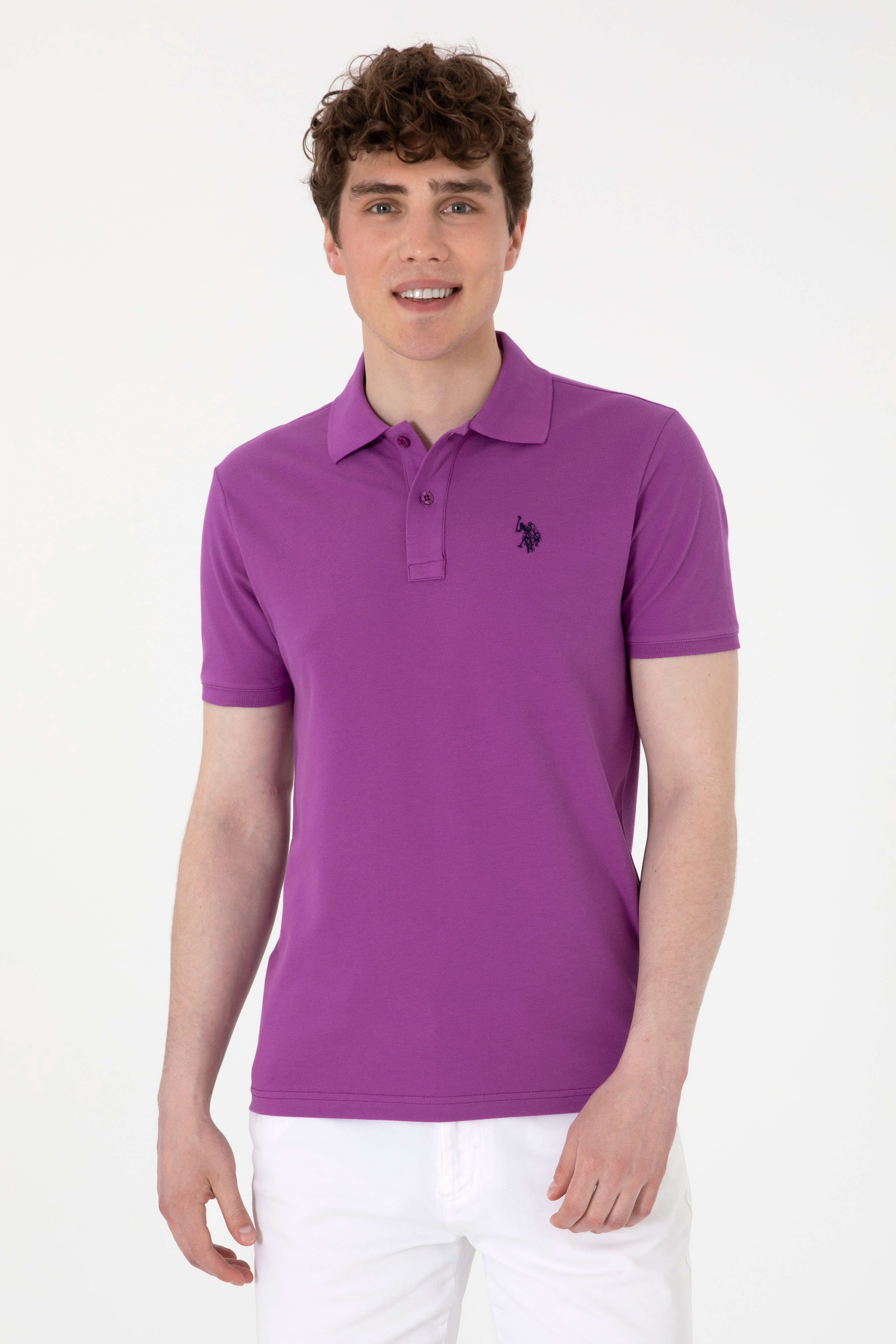 Erkek Slim Fit Polo Yaka Menekşe Basic Tişört - Image 1