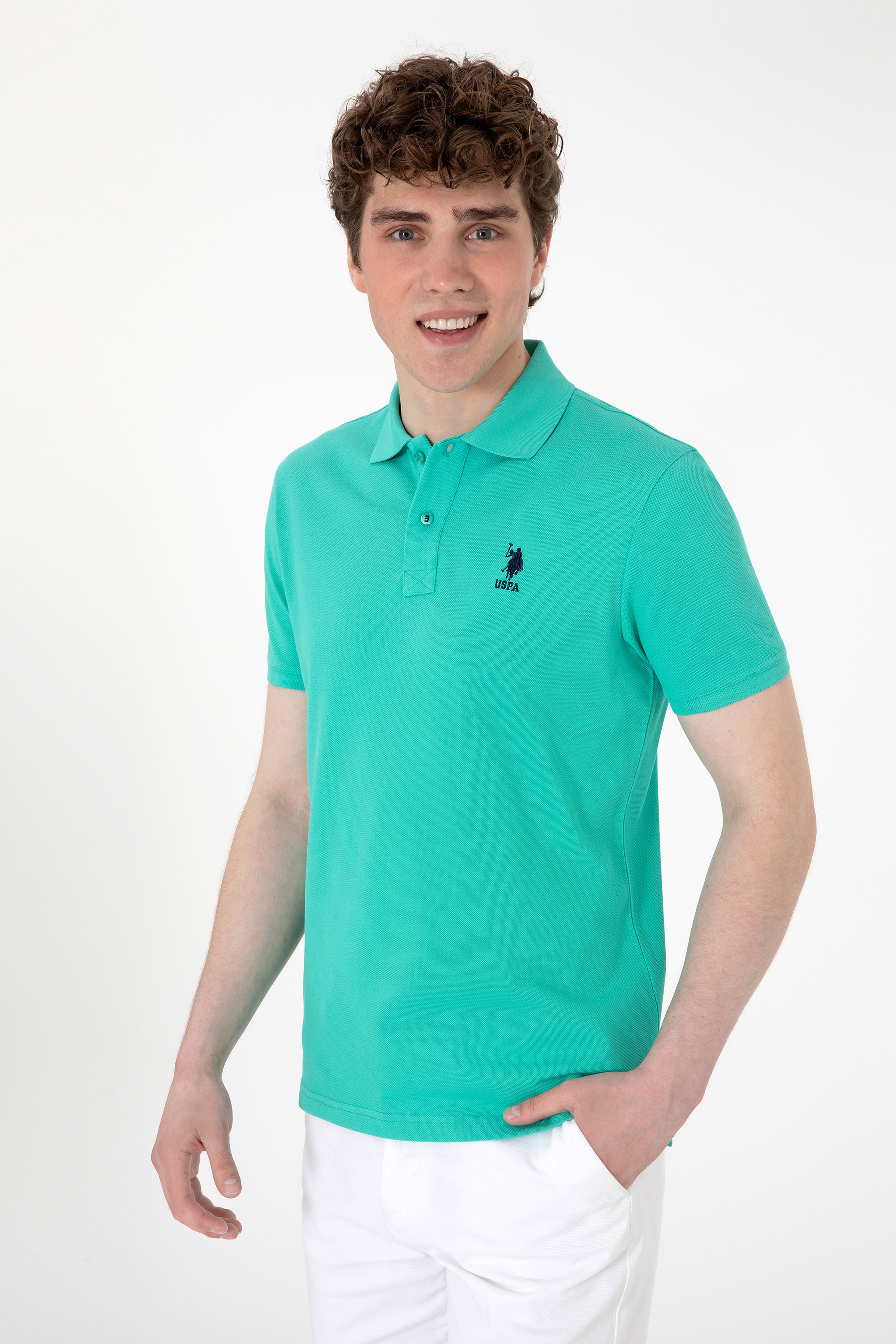 Erkek Slim Fit Polo Yaka Mint Basic Tişört