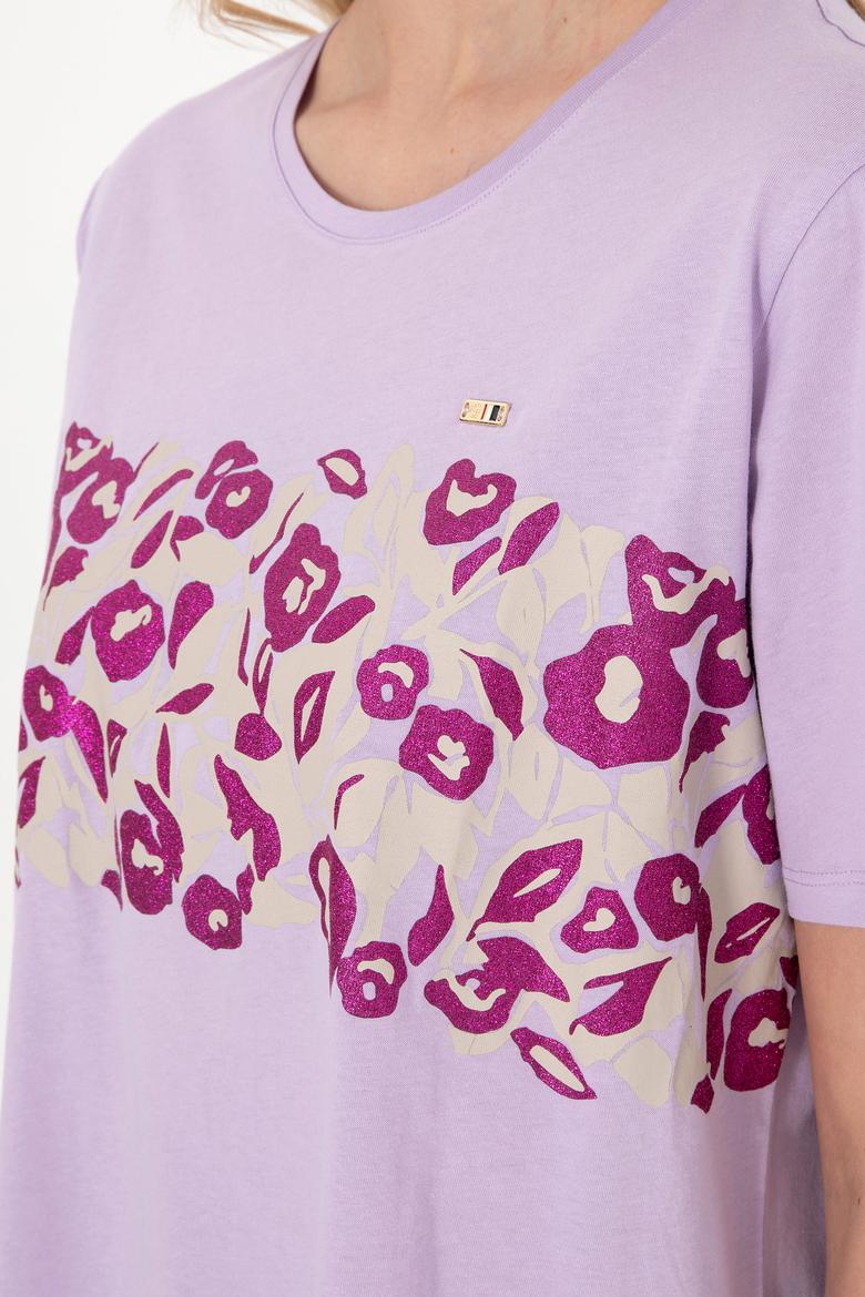 Kadın Lila Desenli Bisiklet Yaka Tişört - 50299733016