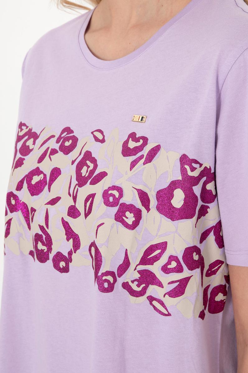 Kadın Lila Desenli Bisiklet Yaka Tişört