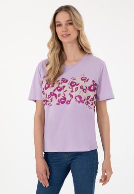 Kadın Lila Desenli Bisiklet Yaka Tişört - 50299733016