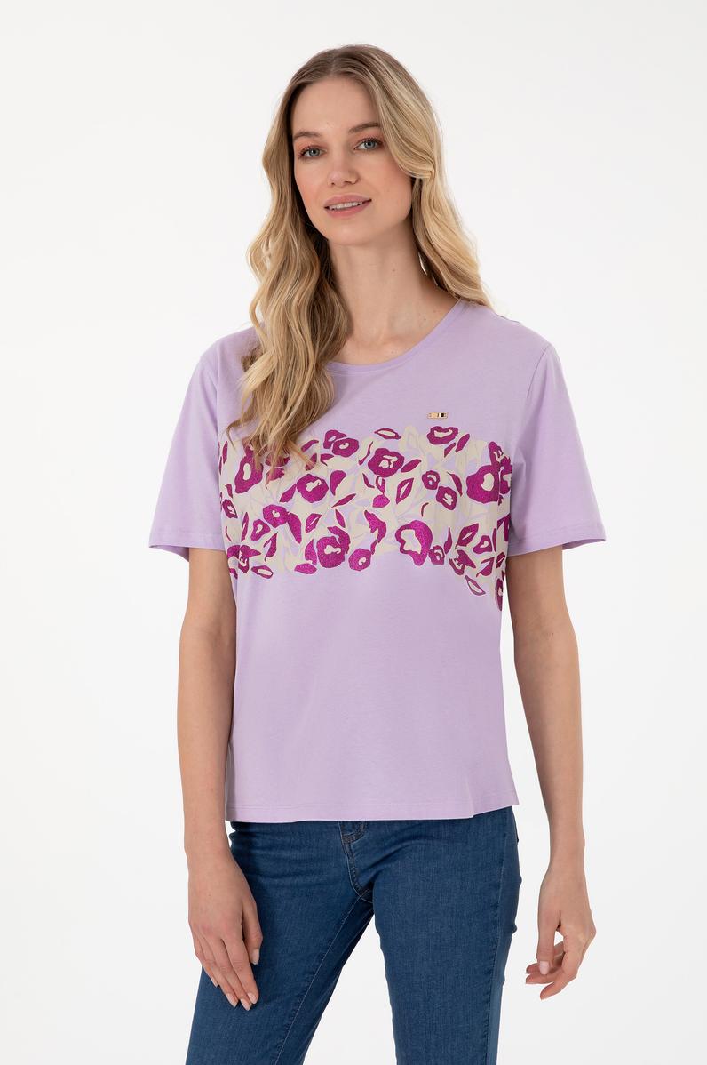 Kadın Lila Desenli Bisiklet Yaka Tişört