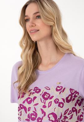 Kadın Lila Desenli Bisiklet Yaka Tişört - 50299733016
