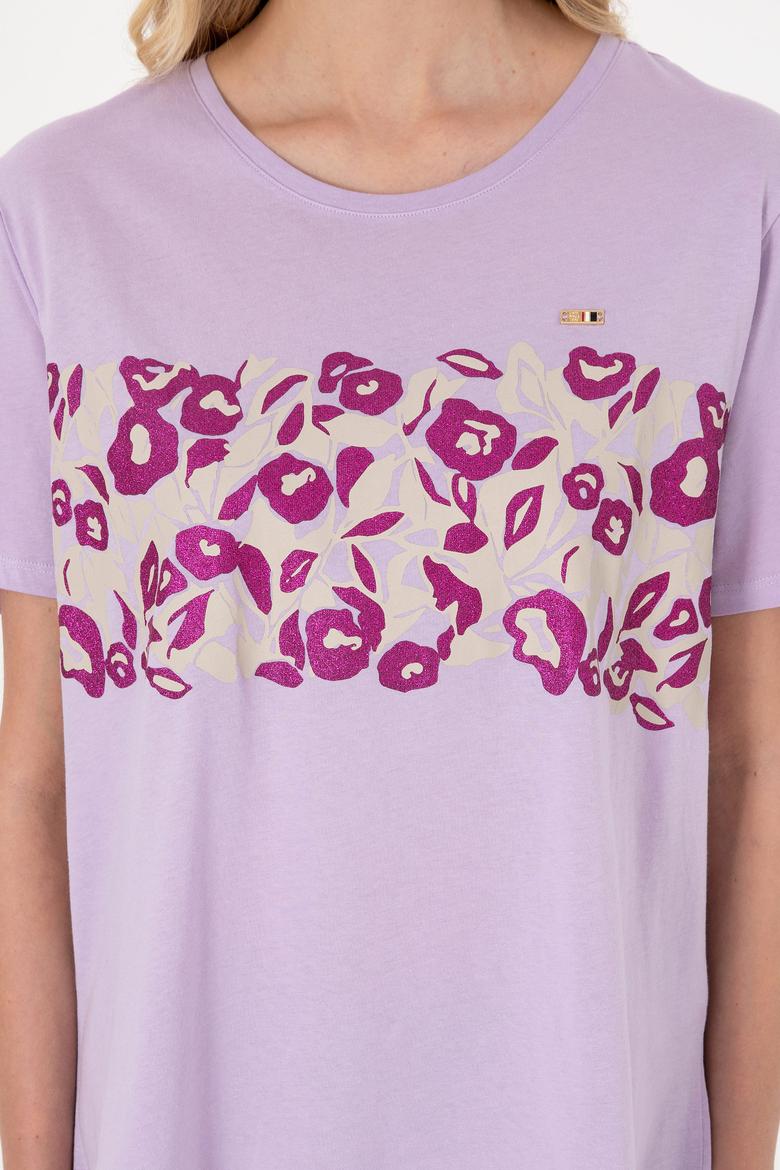 Kadın Lila Desenli Bisiklet Yaka Tişört - 50299733016