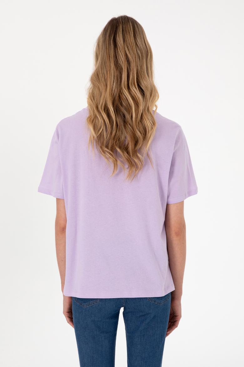 Kadın Lila Desenli Bisiklet Yaka Tişört - 50299733016