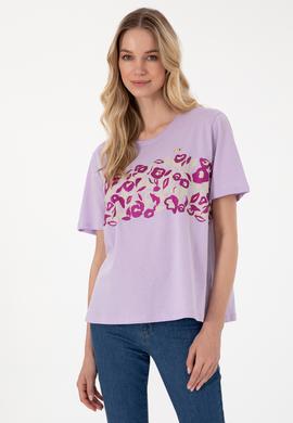 Kadın Lila Desenli Bisiklet Yaka Tişört - 50299733016