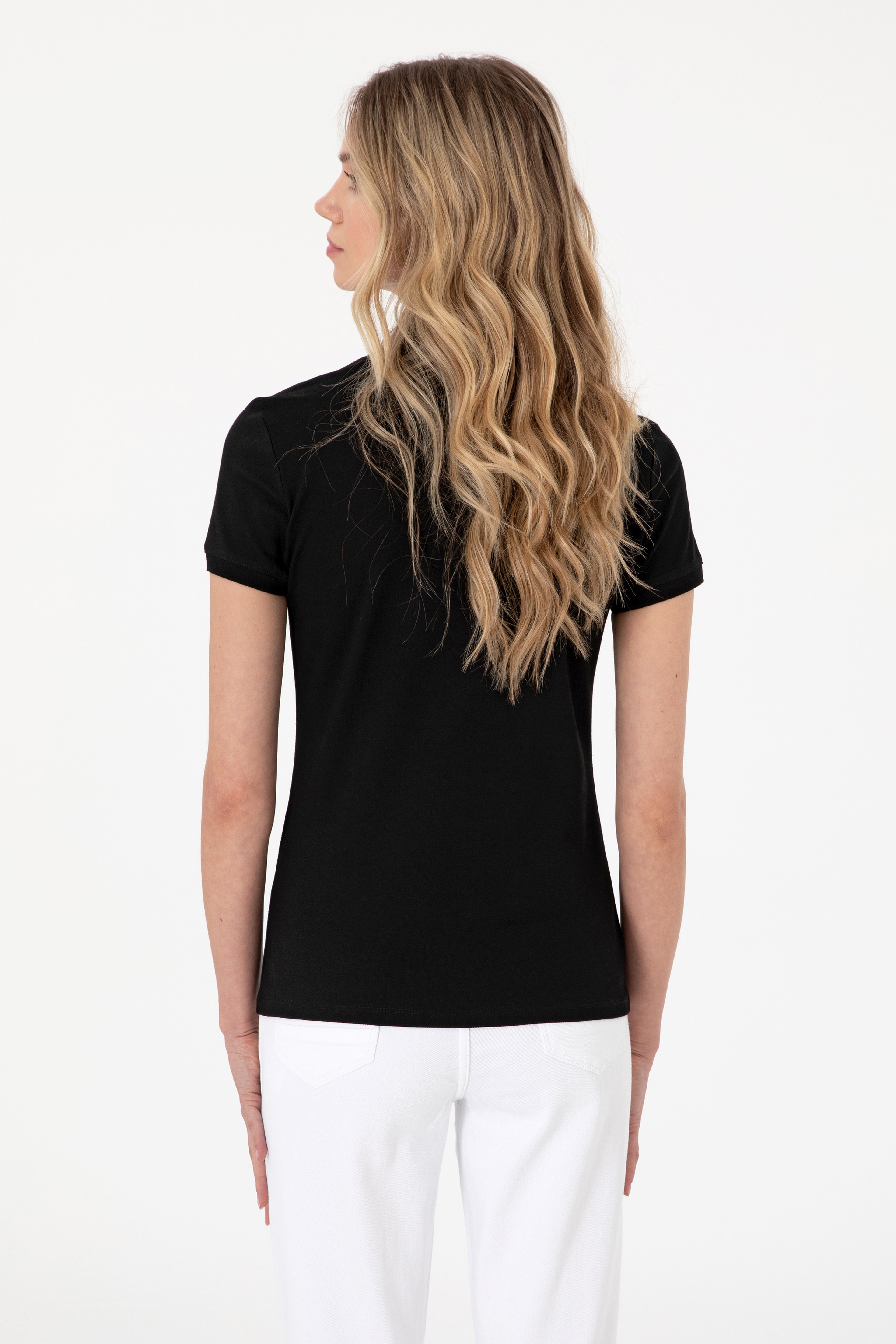 Kadın Siyah Basic Polo Yaka Tişört - Image 5