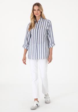 Kadın Lacivert Keten Karışımlı Çizgili Uzun Kollu Tunik  Gömlek - 50299305006