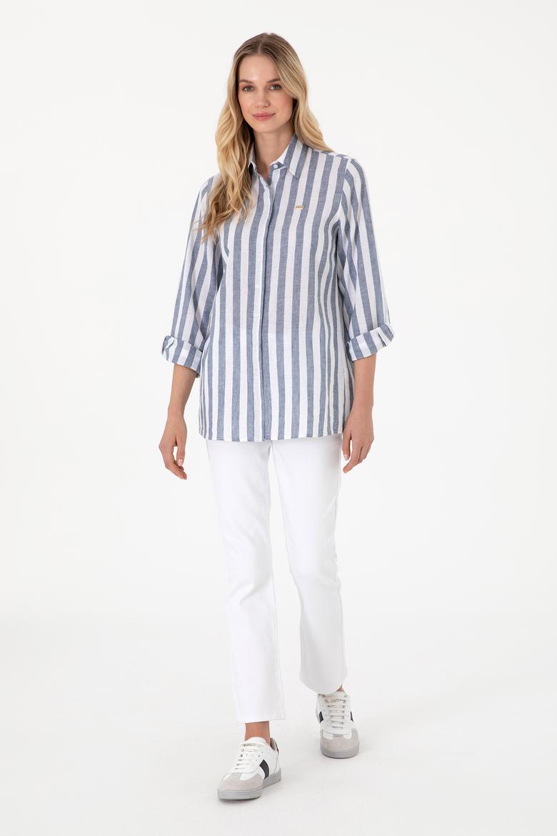 Kadın Lacivert Keten Karışımlı Çizgili Uzun Kollu Tunik  Gömlek - 50299305006
