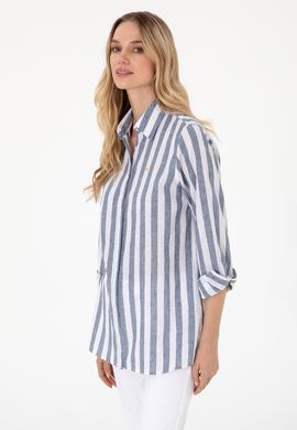 Kadın Lacivert Keten Karışımlı Çizgili Uzun Kollu Tunik  Gömlek - 50299305006
