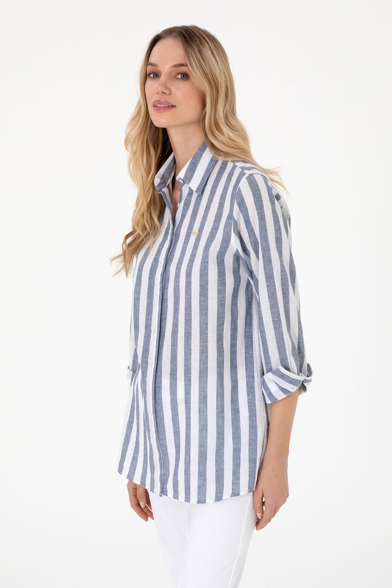 Kadın Lacivert Keten Karışımlı Çizgili Uzun Kollu Tunik  Gömlek - 50299305006