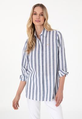 Kadın Lacivert Keten Karışımlı Çizgili Uzun Kollu Tunik  Gömlek - 50299305006