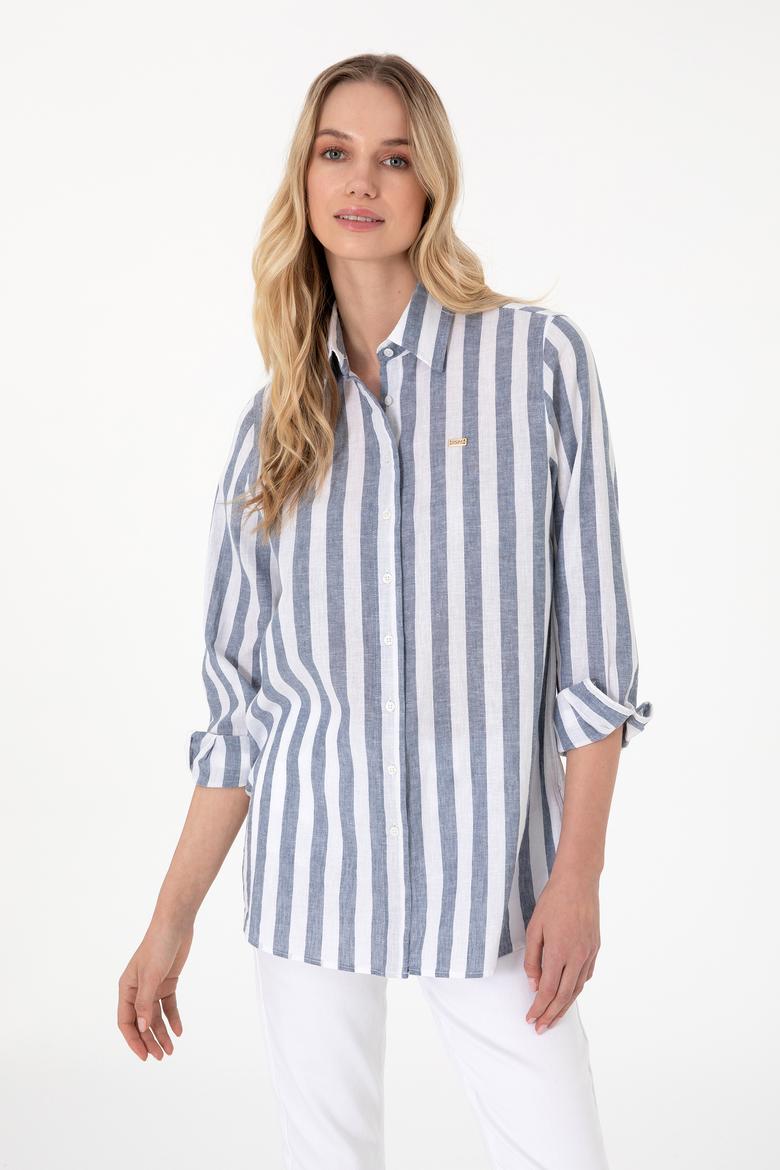 Kadın Lacivert Keten Karışımlı Çizgili Uzun Kollu Tunik  Gömlek